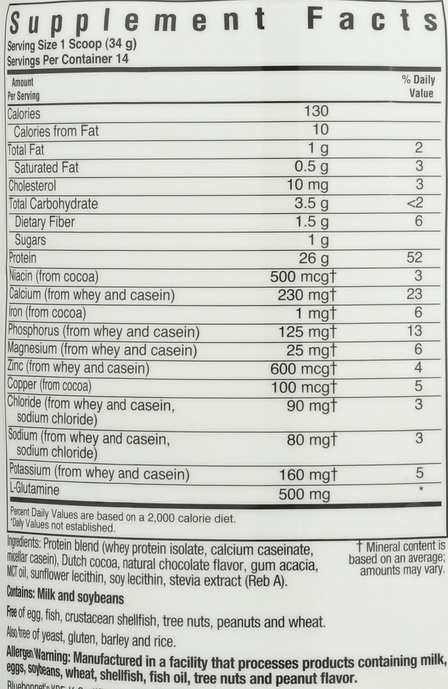 Bluebonnet Whey & Casein Chocolate Flavor Protein Powder 1.05 lb Back of Bottle