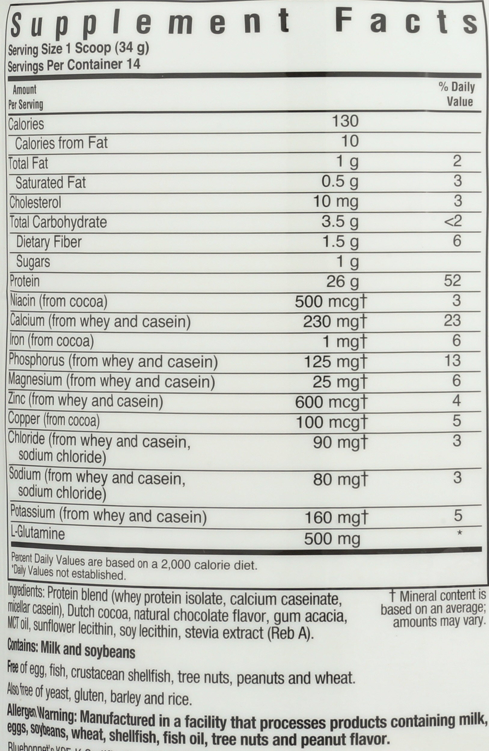 Bluebonnet Whey & Casein Chocolate Flavor Protein Powder 1.05 lb Back of Bottle