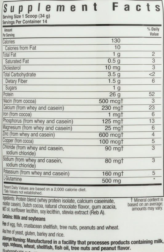 Bluebonnet Whey & Casein Chocolate Flavor Protein Powder 1.05 lb Back of Bottle