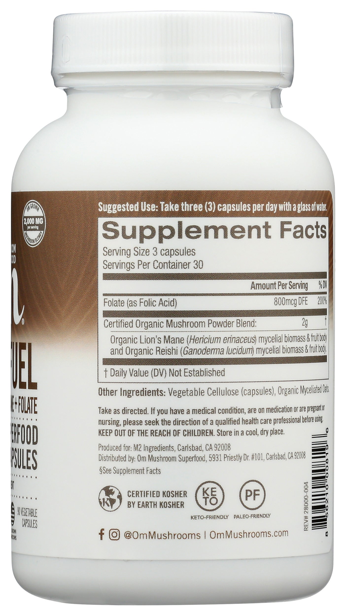 Om Brain Fuel+ 90 Vegetable Capsules Back of Bottle
