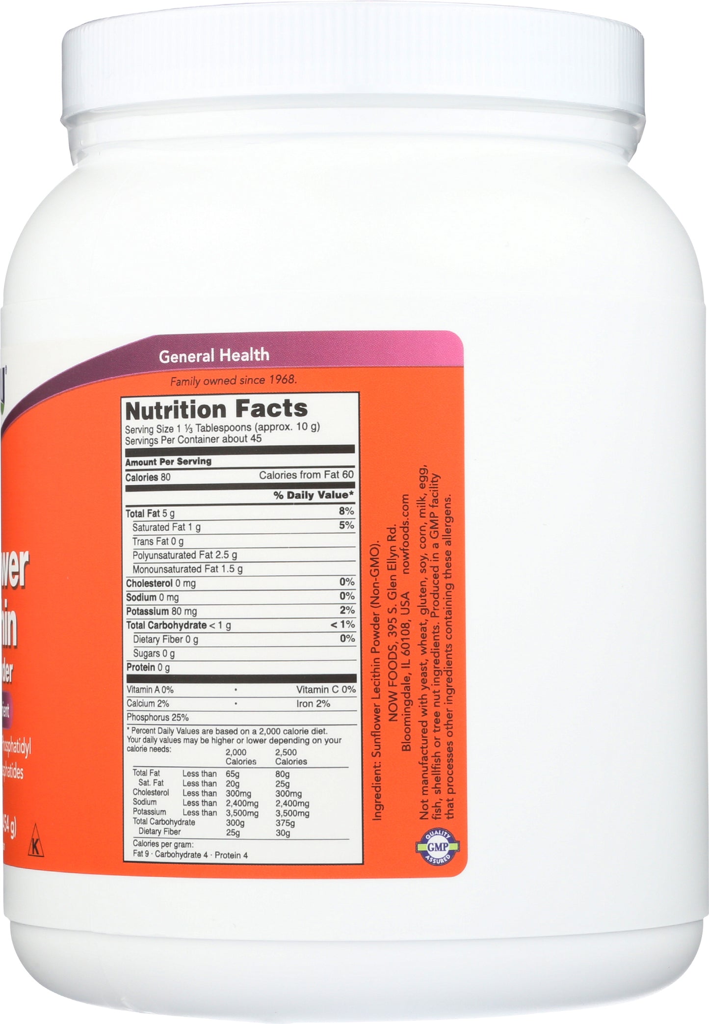 NOW Sunflower Lecithin Powder 1 lb. Back