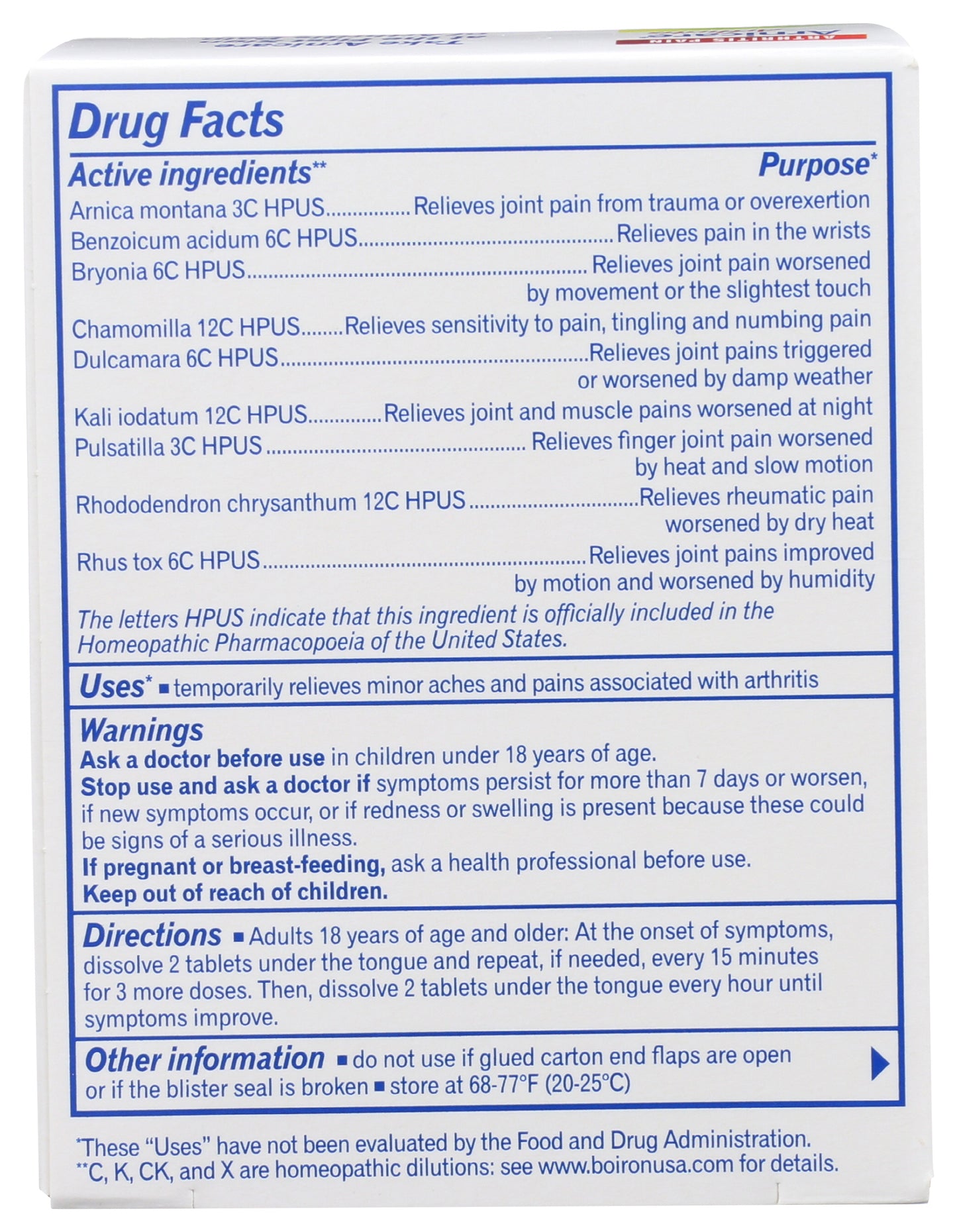 Boiron Arnicare Arthritis 60 Tablets Back