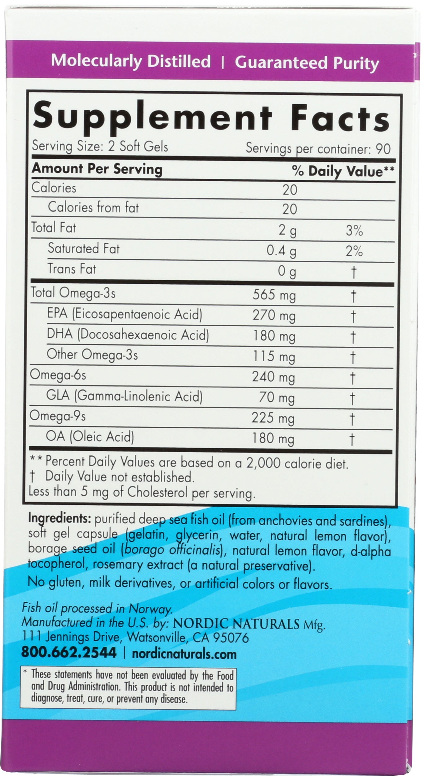 Nordic Naturals Complete Omega 565 mg + 70 mg GLA Back of Box