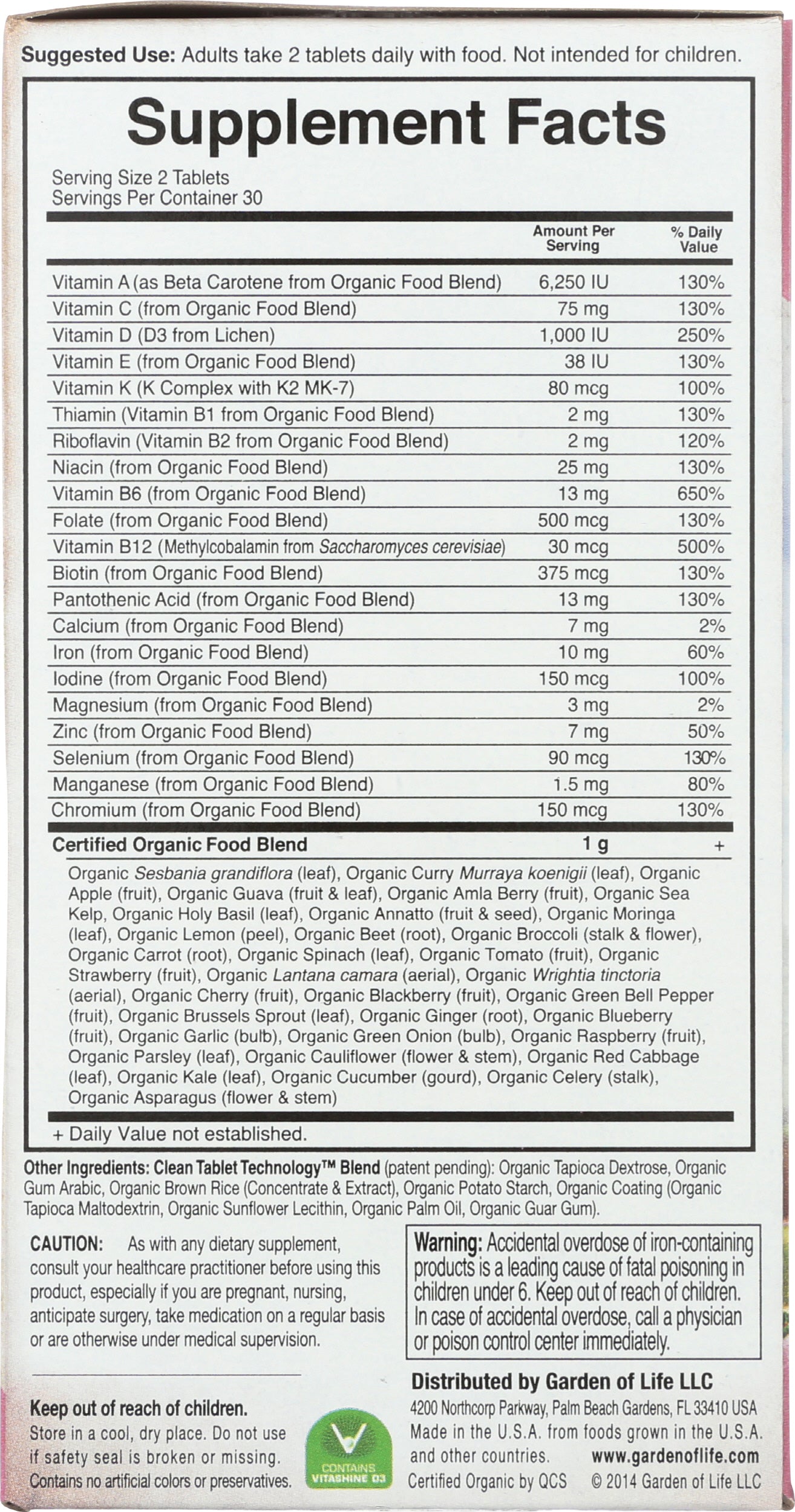 Garden of Life MyKind Organics Women's Multi 60 Vegan Tablets Back of Box