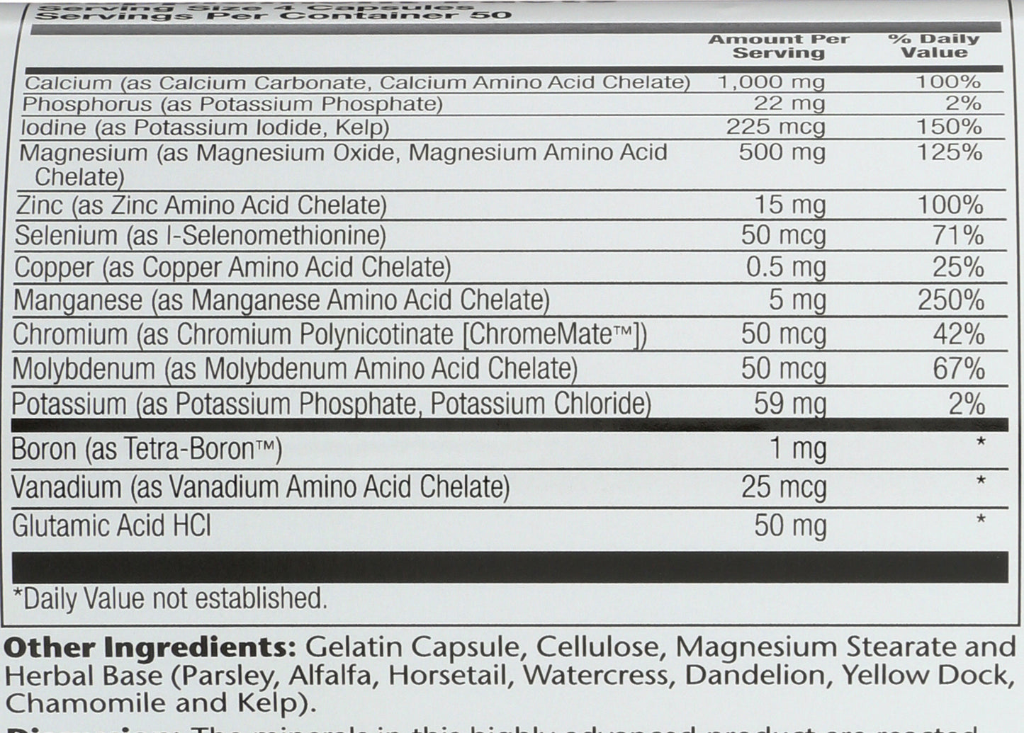 Solaray Iron-Free Mega Multi Mineral 200 Capsules Back of Bottle