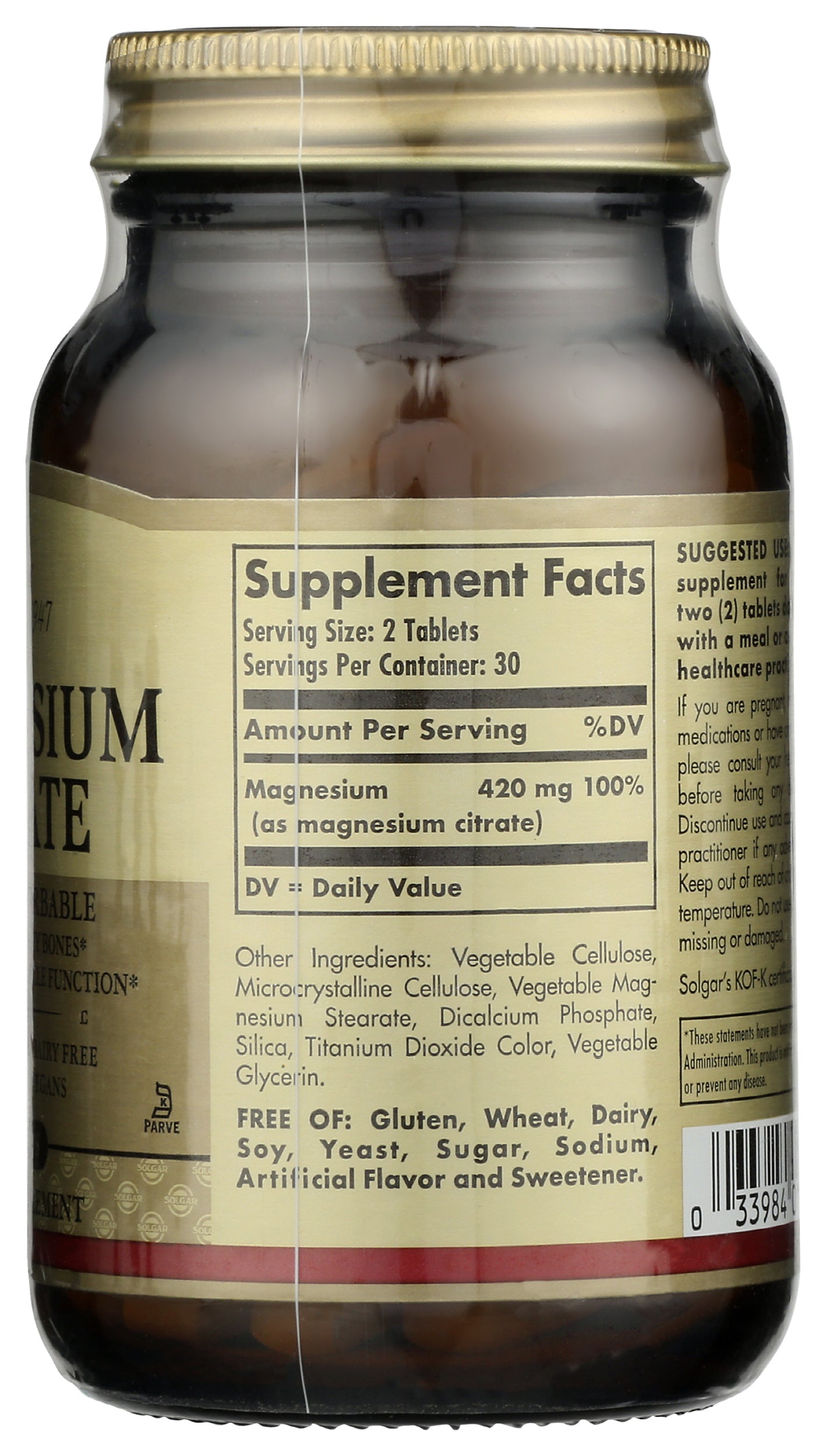 Solgar Magnesium Citrate 60 Tablets Back of Bottle