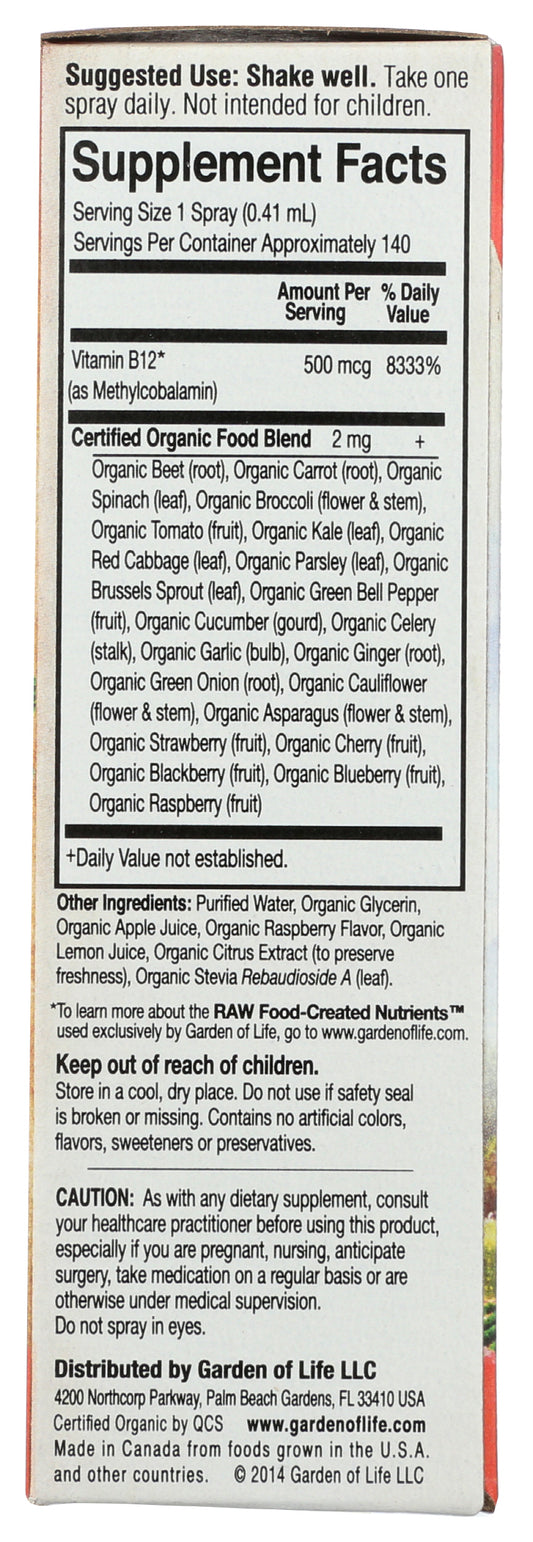 Garden of Life B-12 Organic Spray 2 fl oz Back of Box