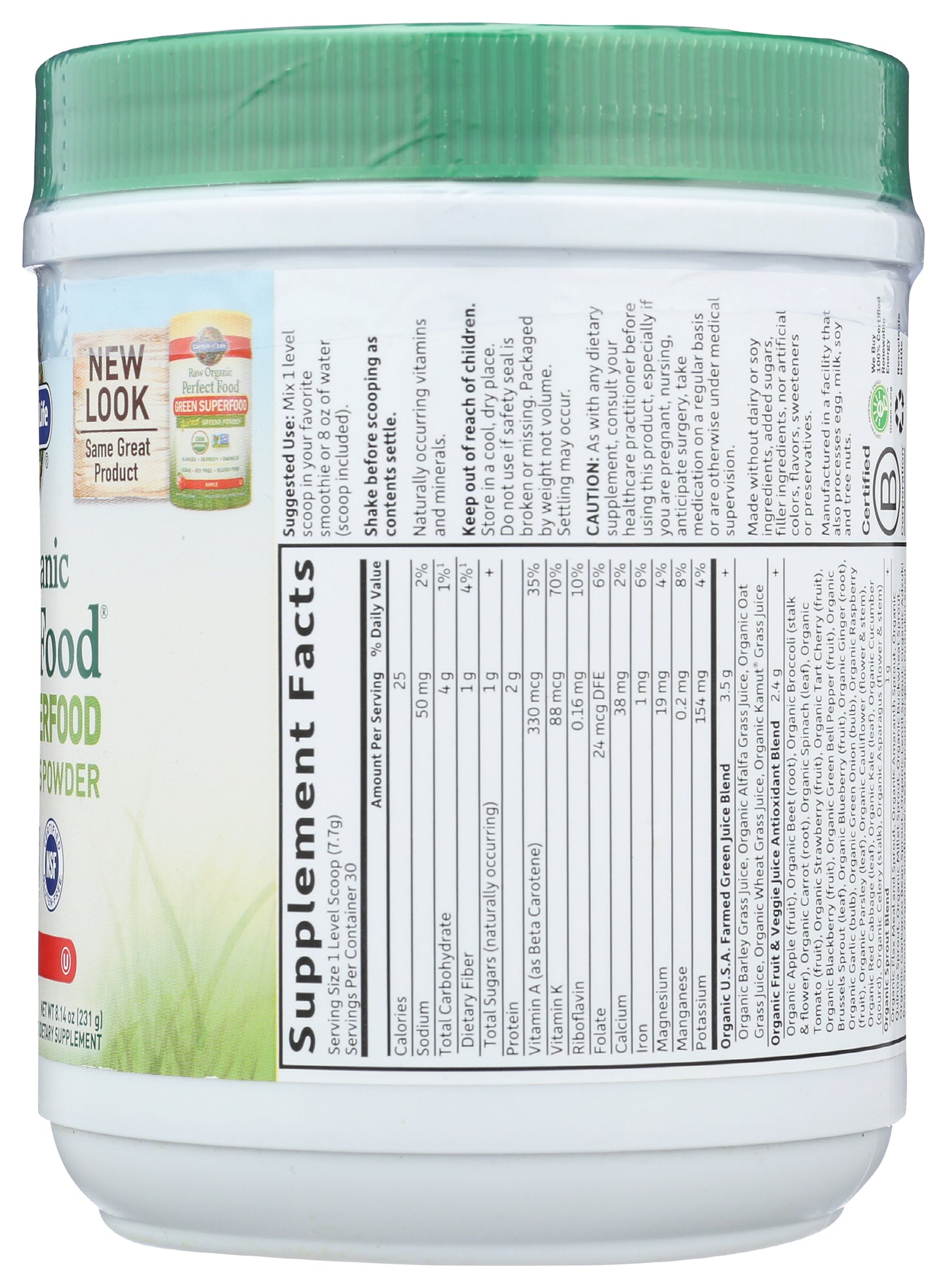 Garden of Life Raw Organic Perfect Food Green Superfood Apple 231g Back of Bottle