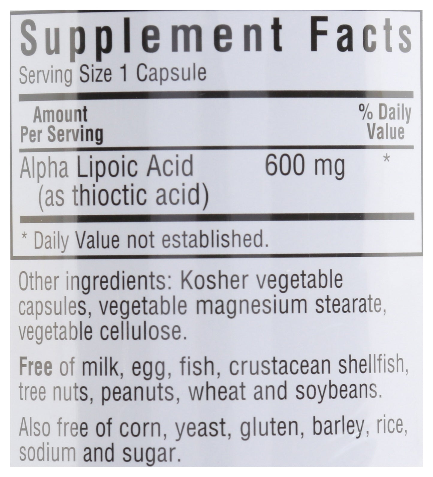 Bluebonnet Alpha Lipoic Acid 600mg 60 Vegetable Capsules Back