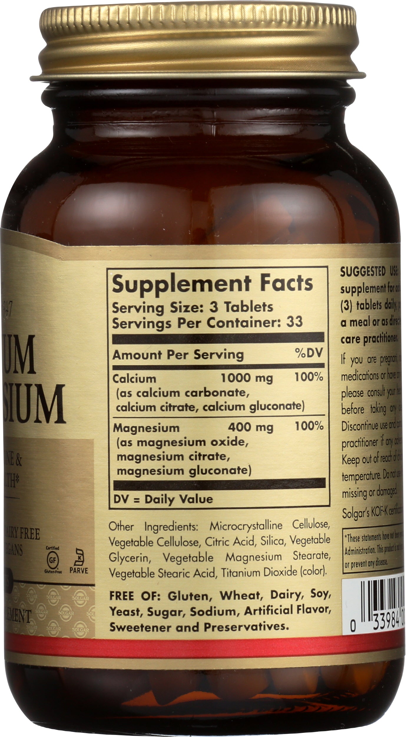 Solgar Calcium Magnesium 100 Tablets Back of Bottle