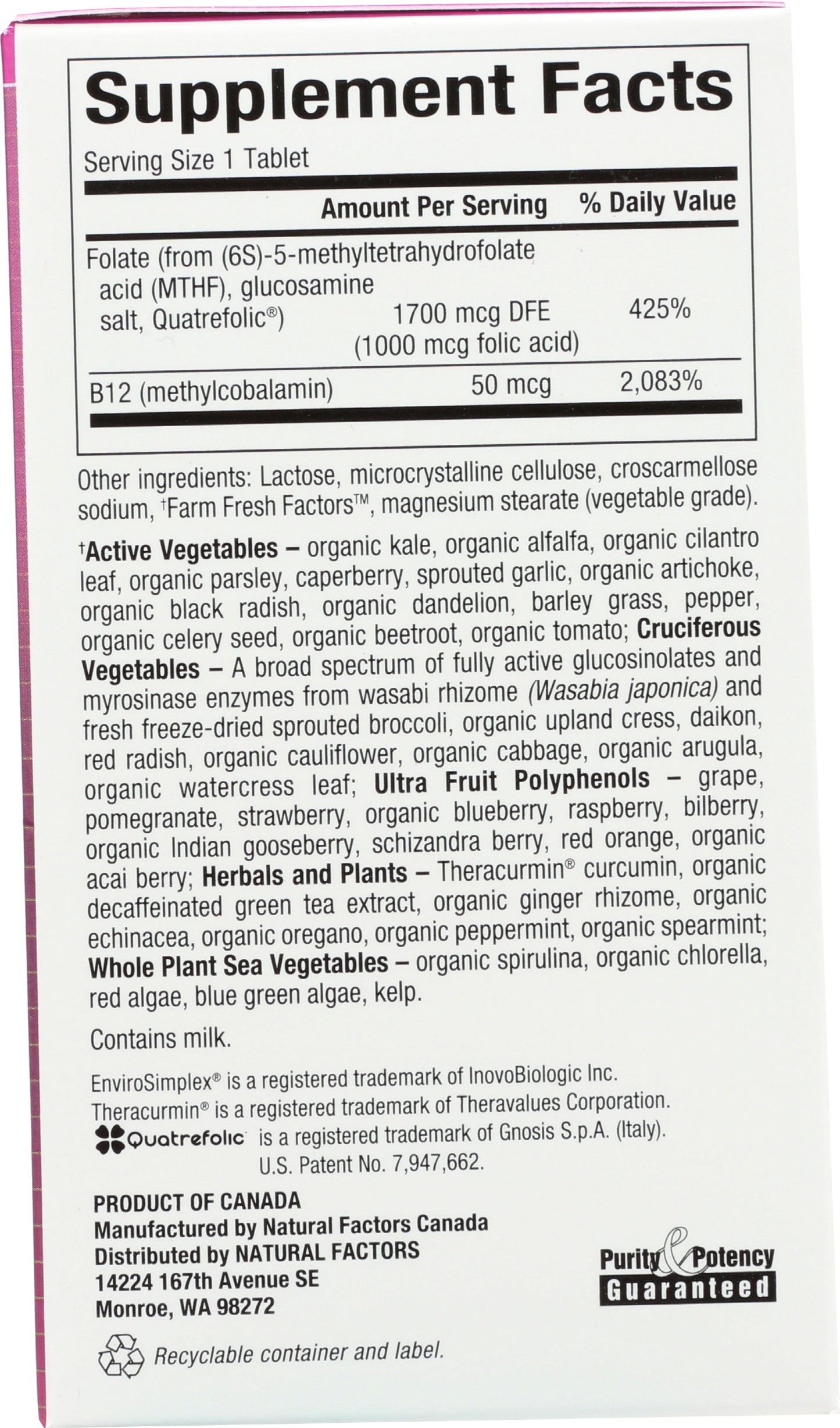 Natural Factors Methylfolate 1000 mcg + Methylcobalamin B12 50 mcg 60 Tablets Back of Box