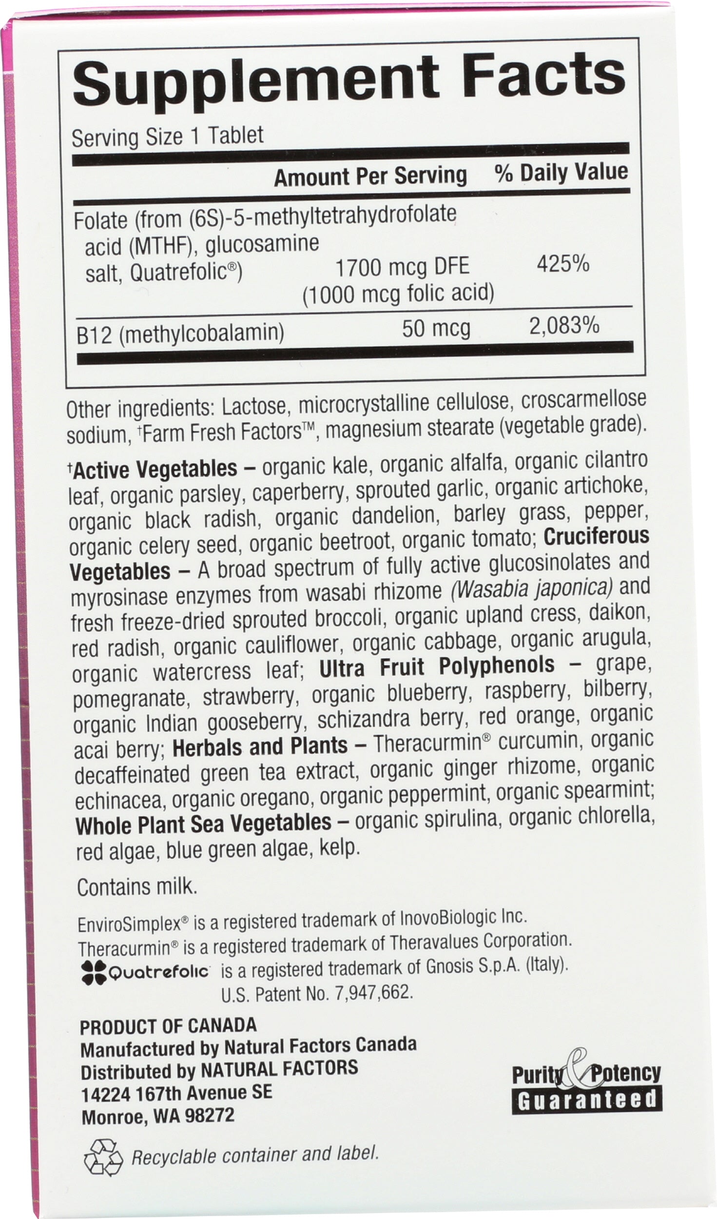 Natural Factors Methylfolate 1000 mcg + Methylcobalamin B12 50 mcg 60 Tablets Back of Box