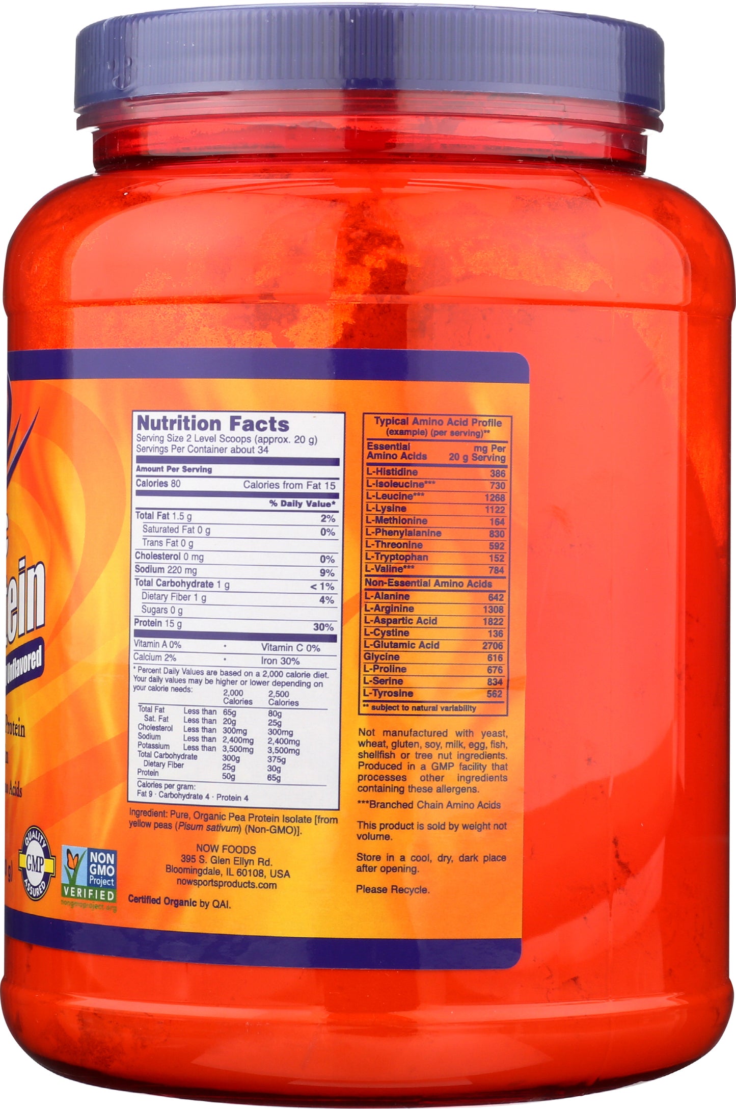 Now Sports Organic Pea Protein 1.5lbs Back of Tub