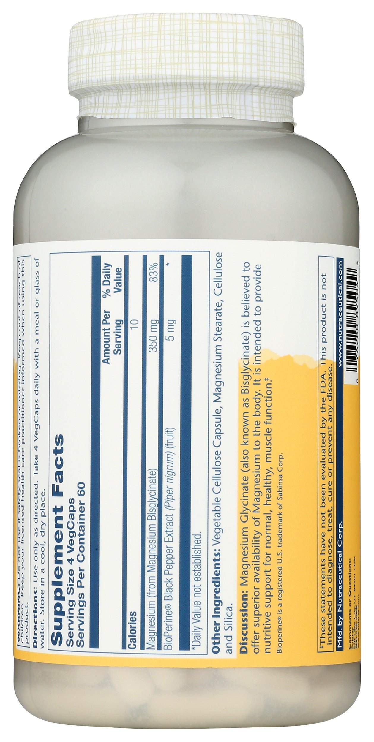 Solaray Magnesium Glycinate 350mg 240 VegCaps Back of Bottle