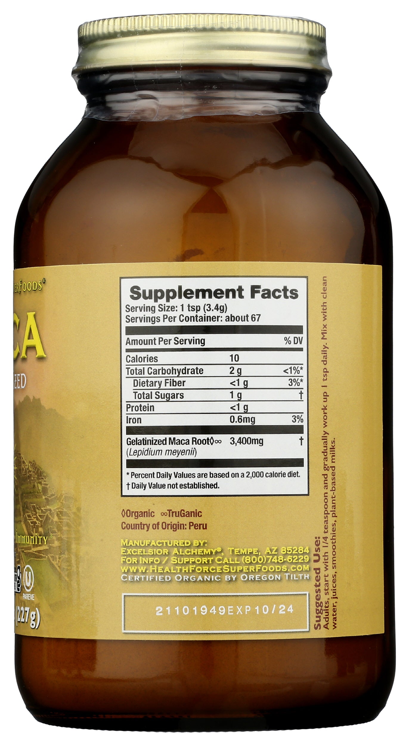HealthForce SuperFoods Maca Gelatinized 8oz Back of Jar