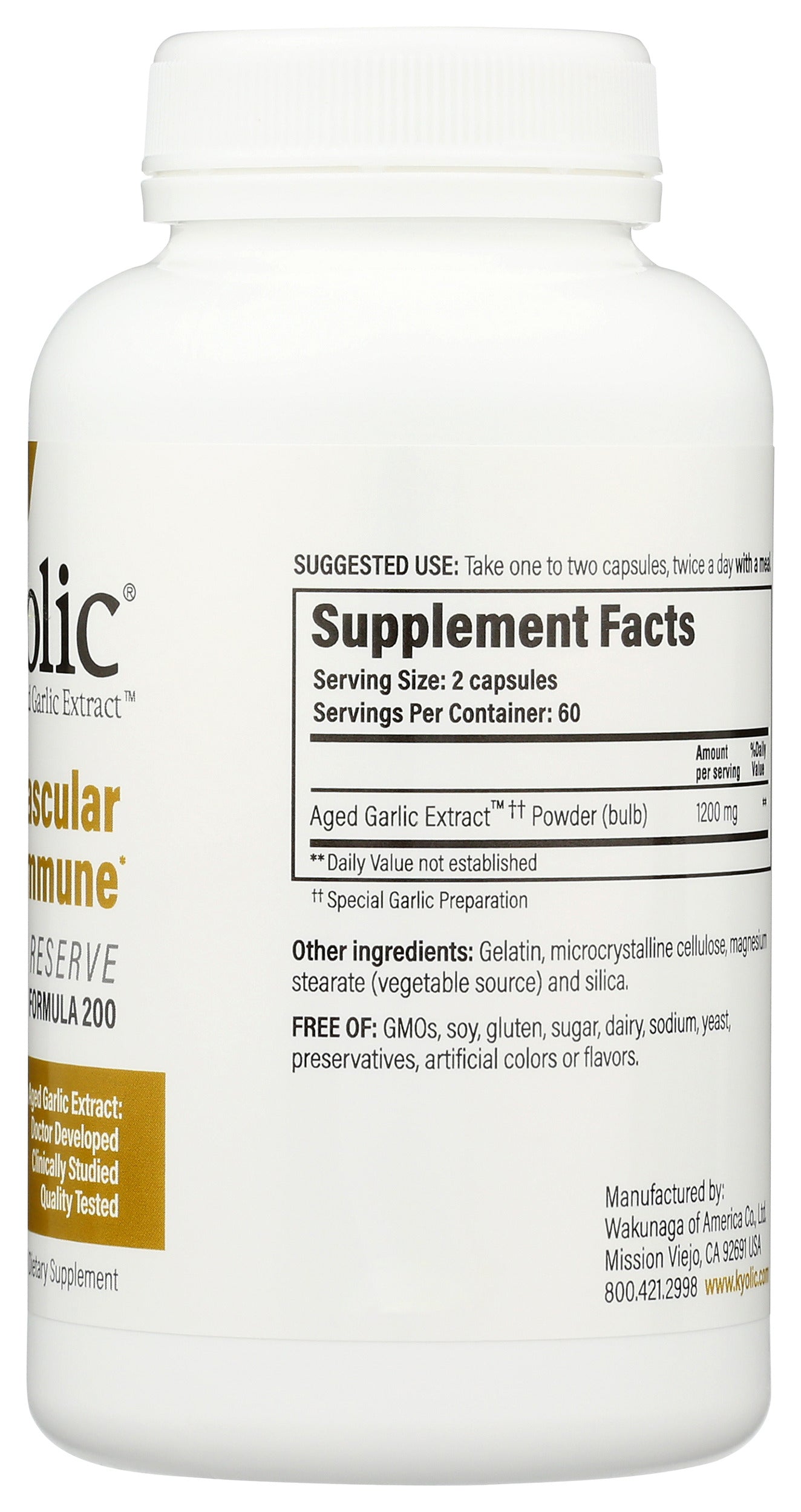 Wakunaga Kyolic Aged Garlic Extract Cardiovascular & Immune Formula 200 120 Capsules Back