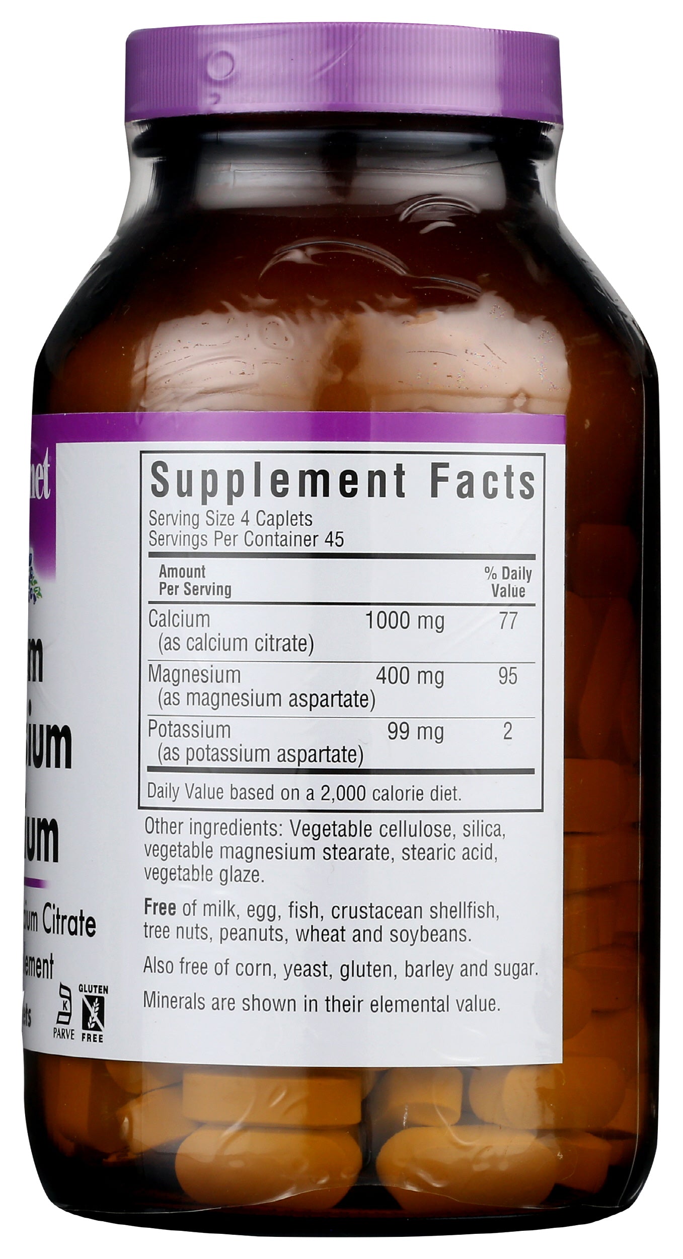Bluebonnet Calcium Magnesium Potassium 180 Caplets Back of Bottle