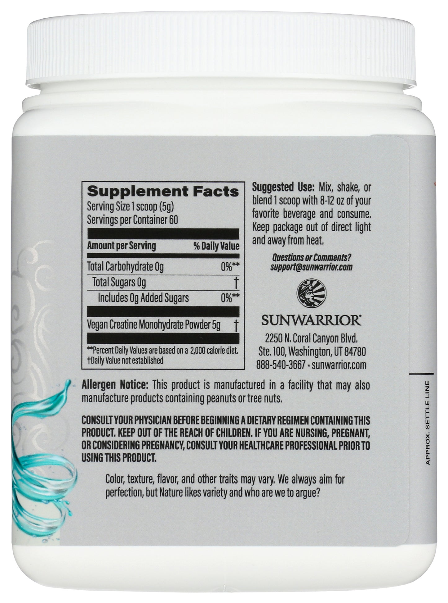 Sunwarrior Sport Active Creatine Unflavored 300g Back of Tub