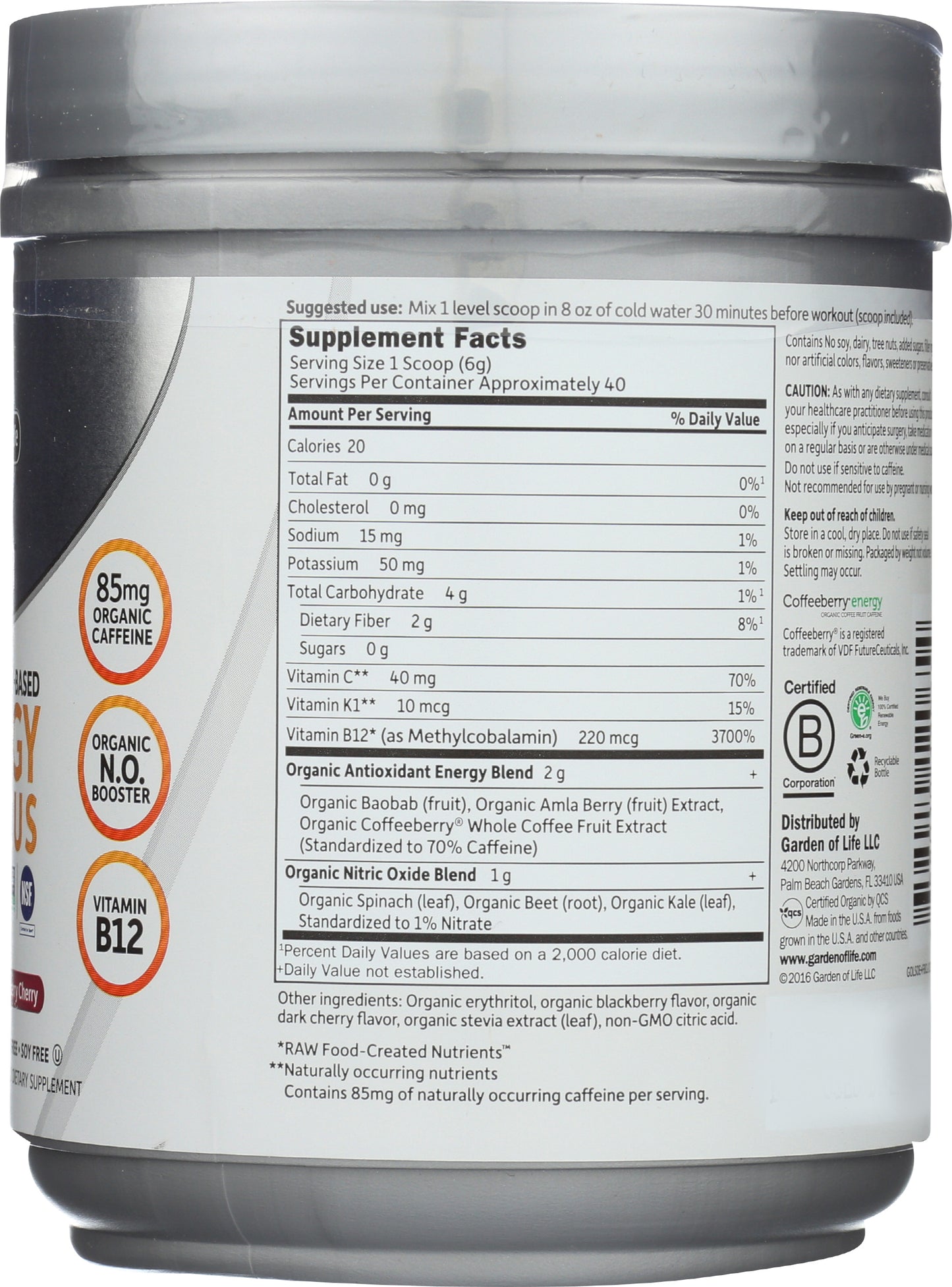 Garden of Life Sport Energy + Focus Blackberry Cherry Flavor 231g Back of Tub
