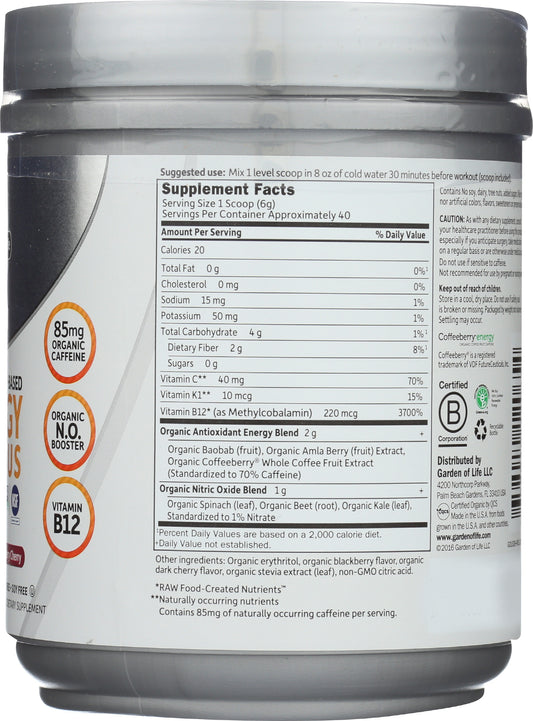 Garden of Life Sport Energy + Focus Blackberry Cherry Flavor 231g Back of Tub