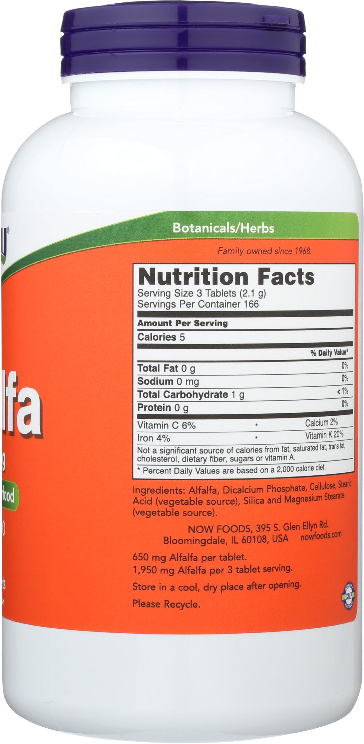 Now Alfalfa 650mg 500 Tablets Back of Bottle