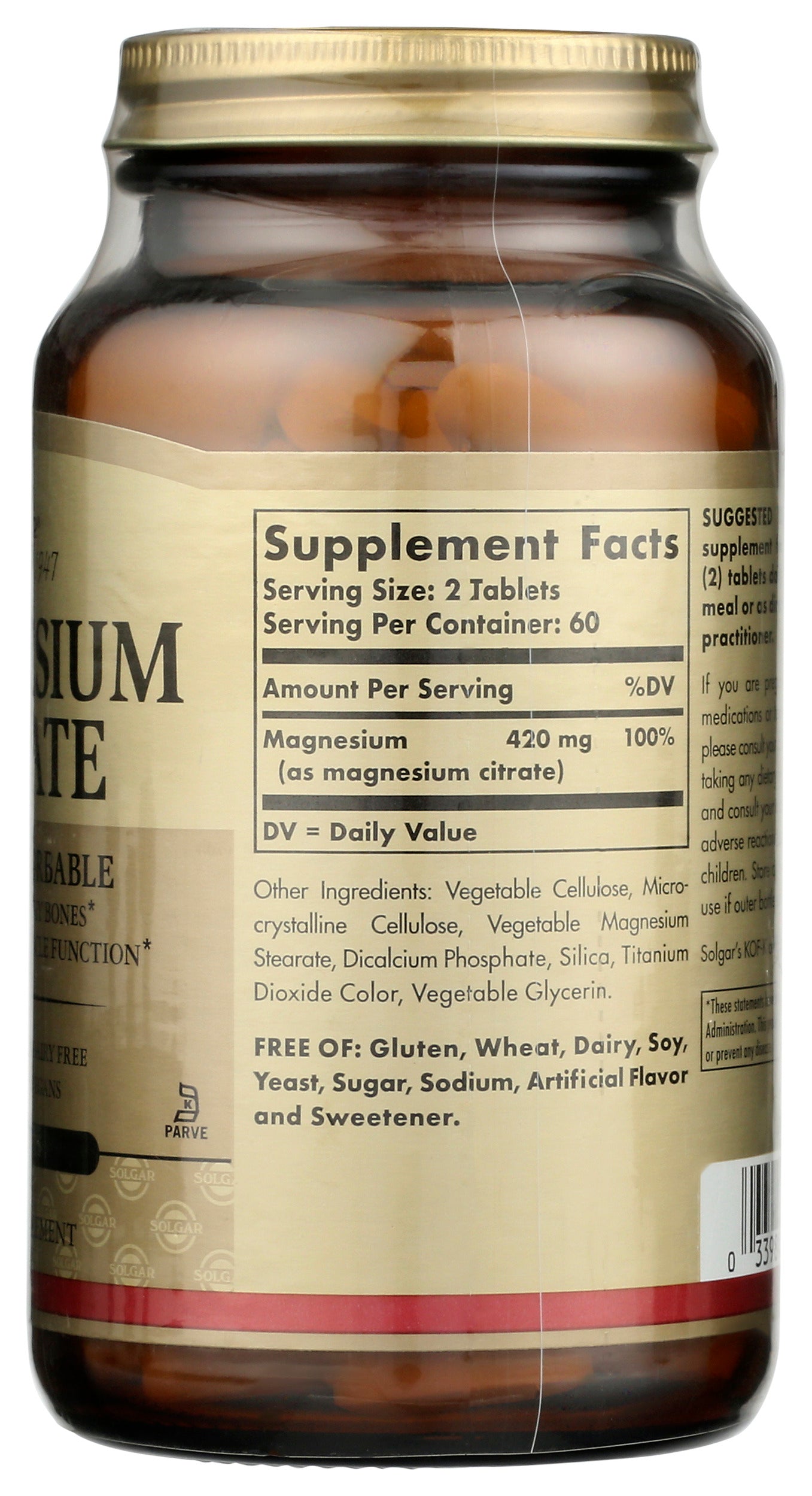 Solgar Magnesium Citrate 120 Tablets Back of Bottle