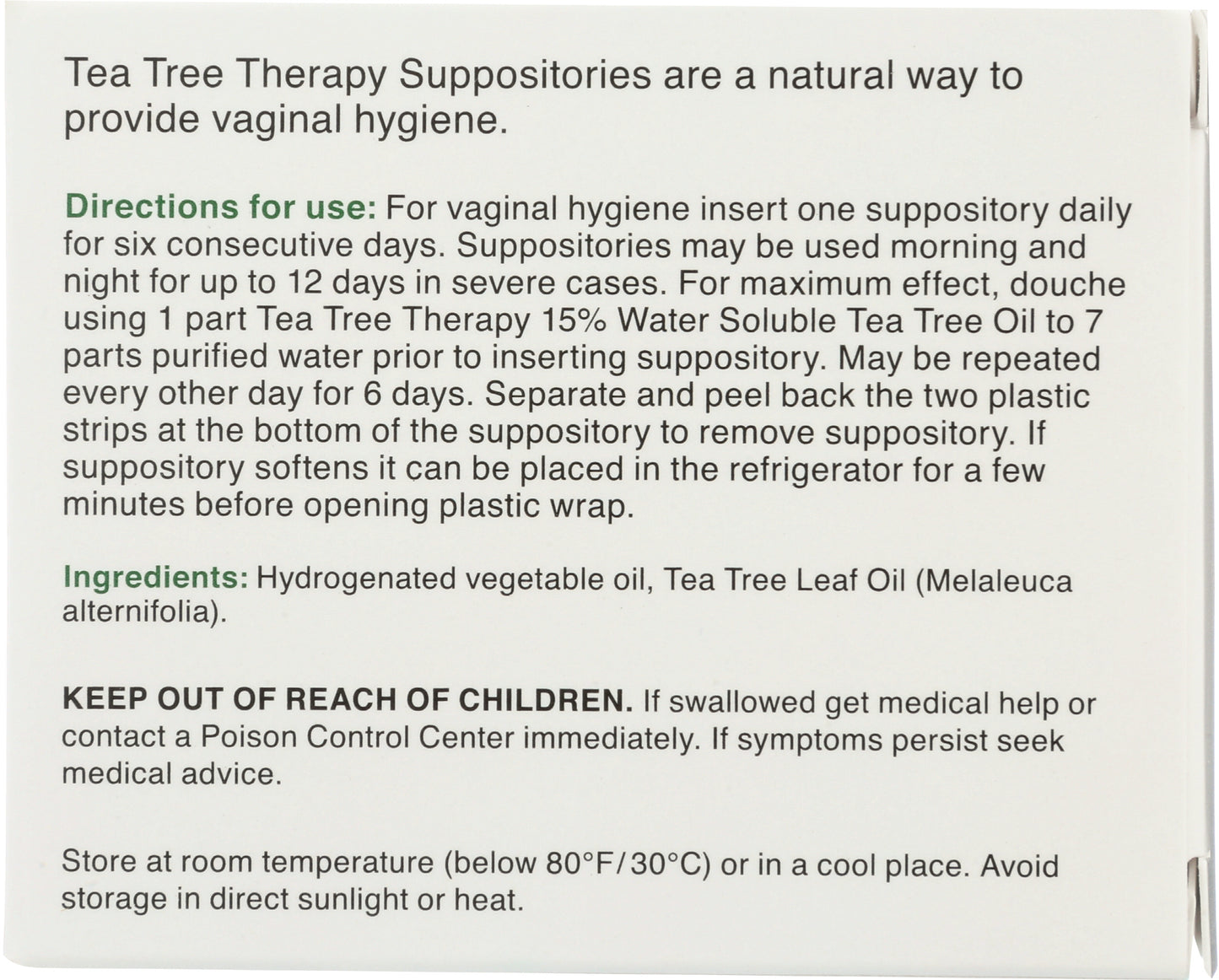 Tea Tree Therapy Suppositories for Vaginal Hygiene 6 ct Back