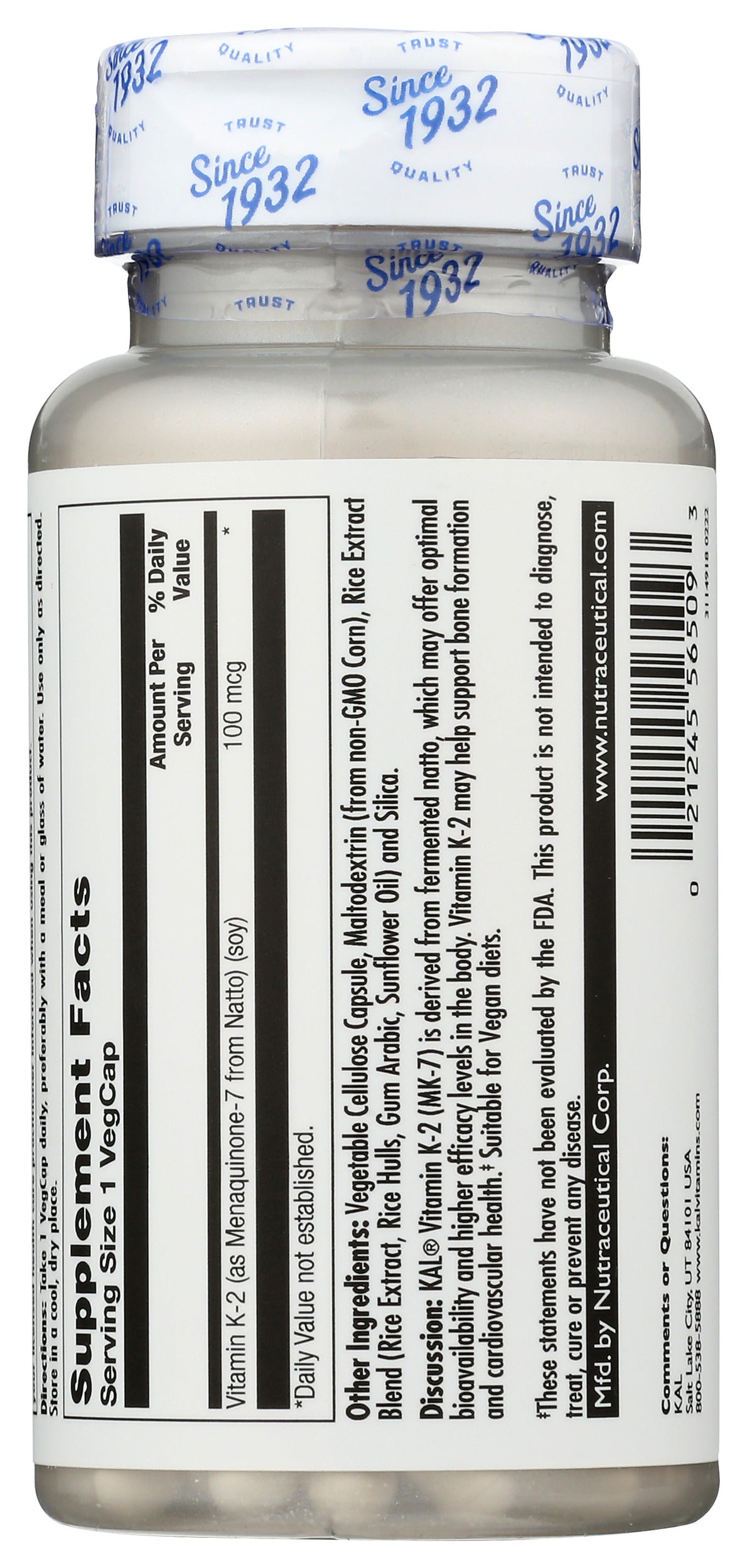 KAL K-2 100mcg 60 VegCaps Back of Bottle