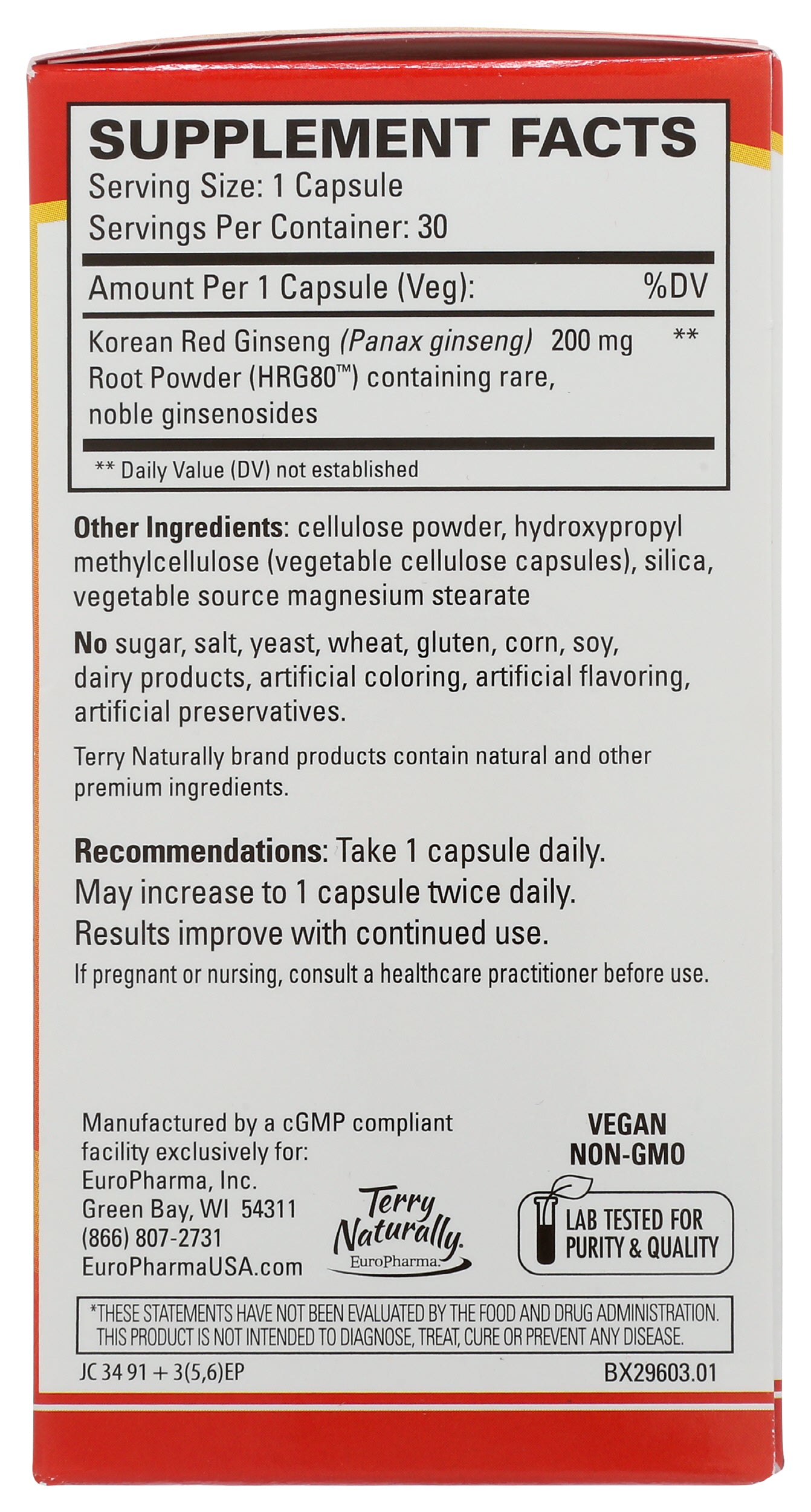 Terry Naturally HRG80 Red Ginseng Energy 30 Capsules Back