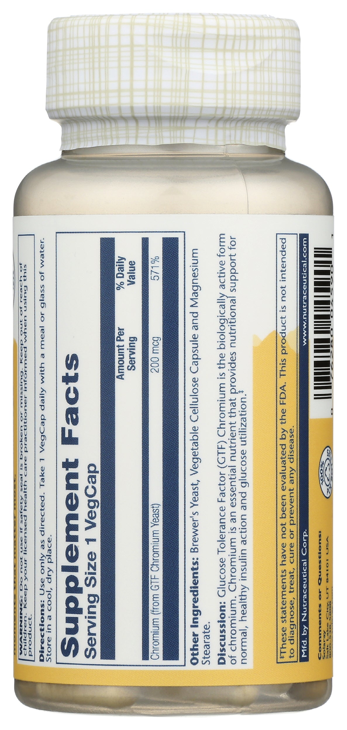 Solaray GTF Chromium 200mcg 100 VegCaps Back of Bottle