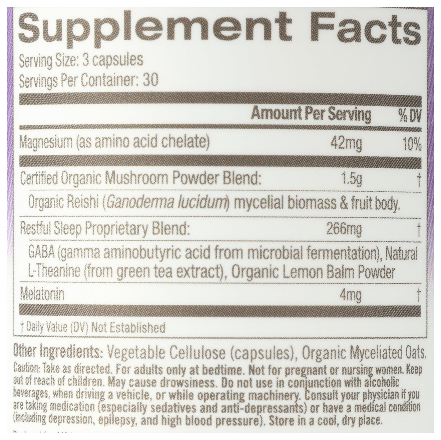 Om Mushroom Superfood Sleep 90 Vegetable Capsules Back of Bottle