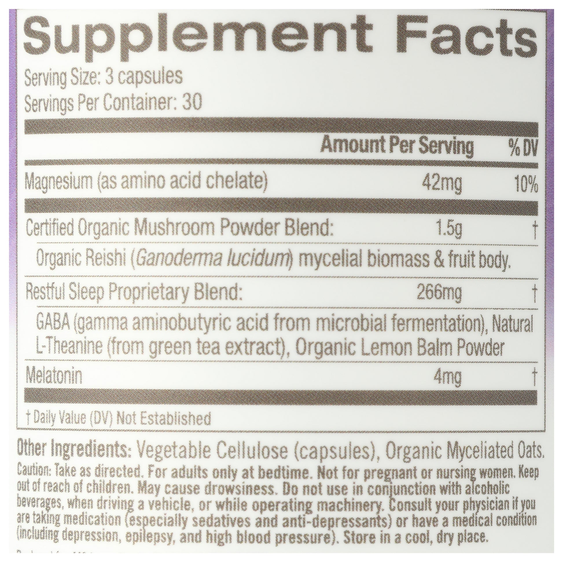 Om Mushroom Superfood Sleep 90 Vegetable Capsules Back of Bottle