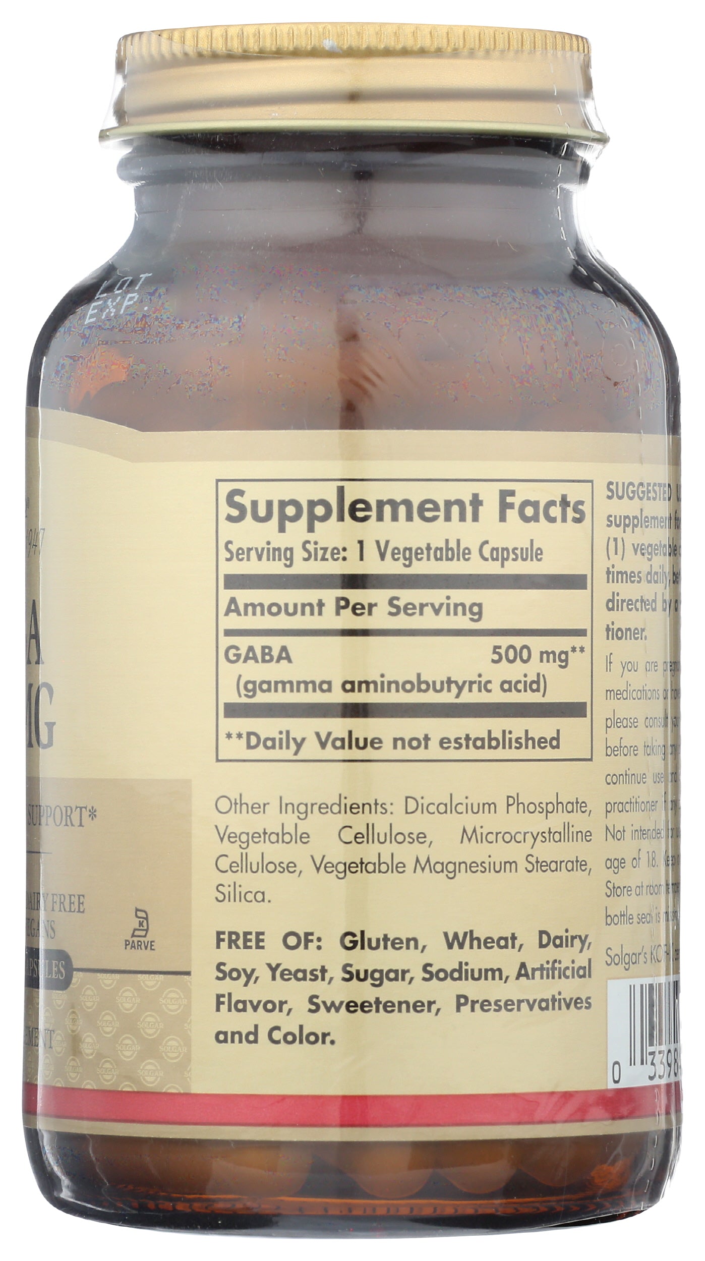 Solgar Gaba 500 mg 100 Vegetable Capsules Back