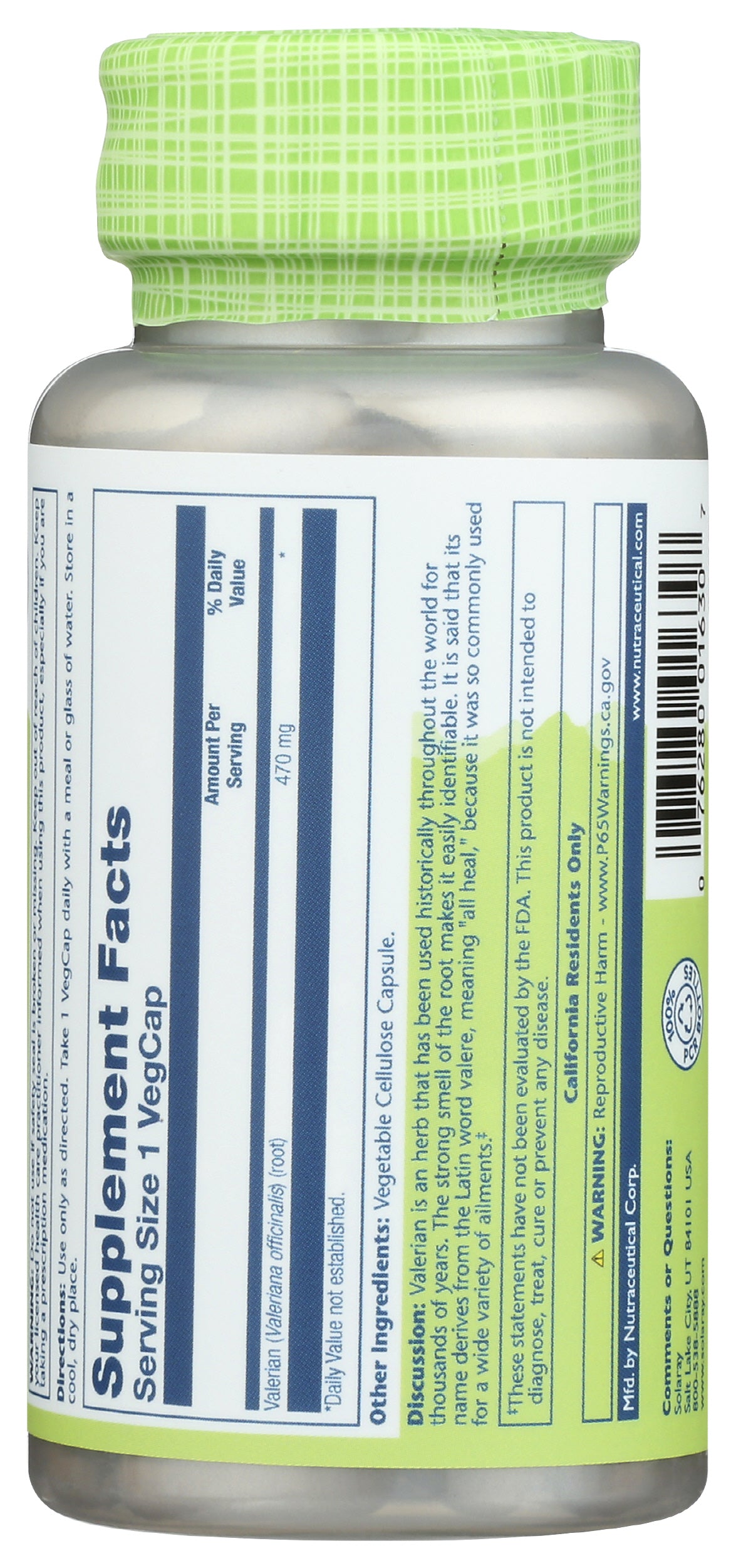 Solaray Valerian 470 mg 100 VegCaps Back of Bottle