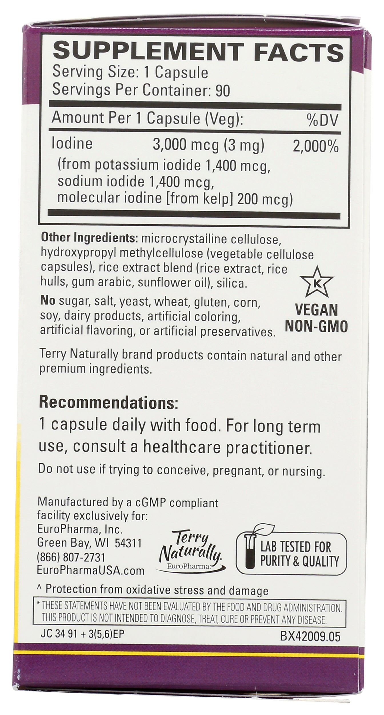 Terry Naturally Tri-Iodine 3mg 90 Capsules Back of Box