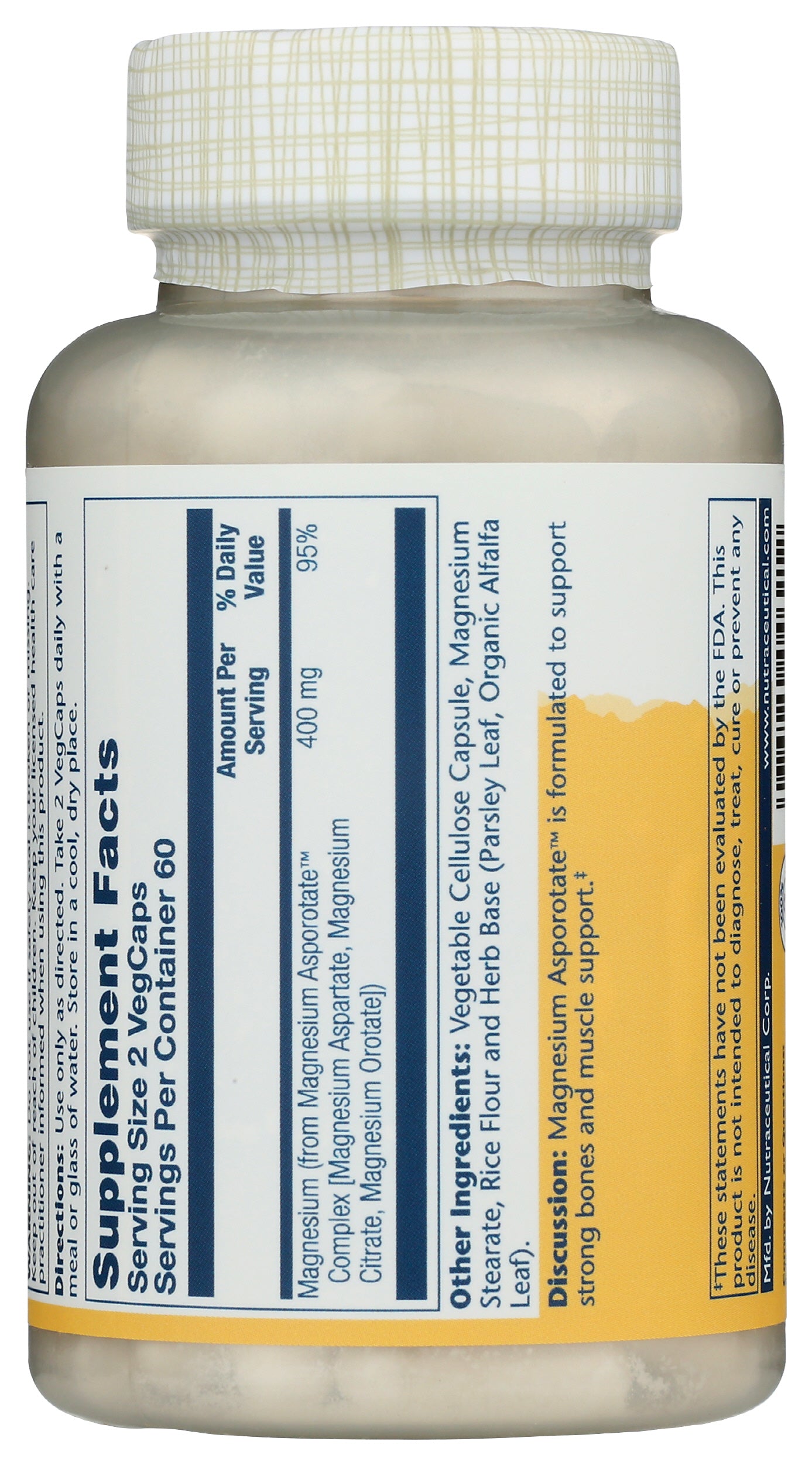 Solaray Magnesium Asportate 400mg 120 VegCaps Back of Bottle