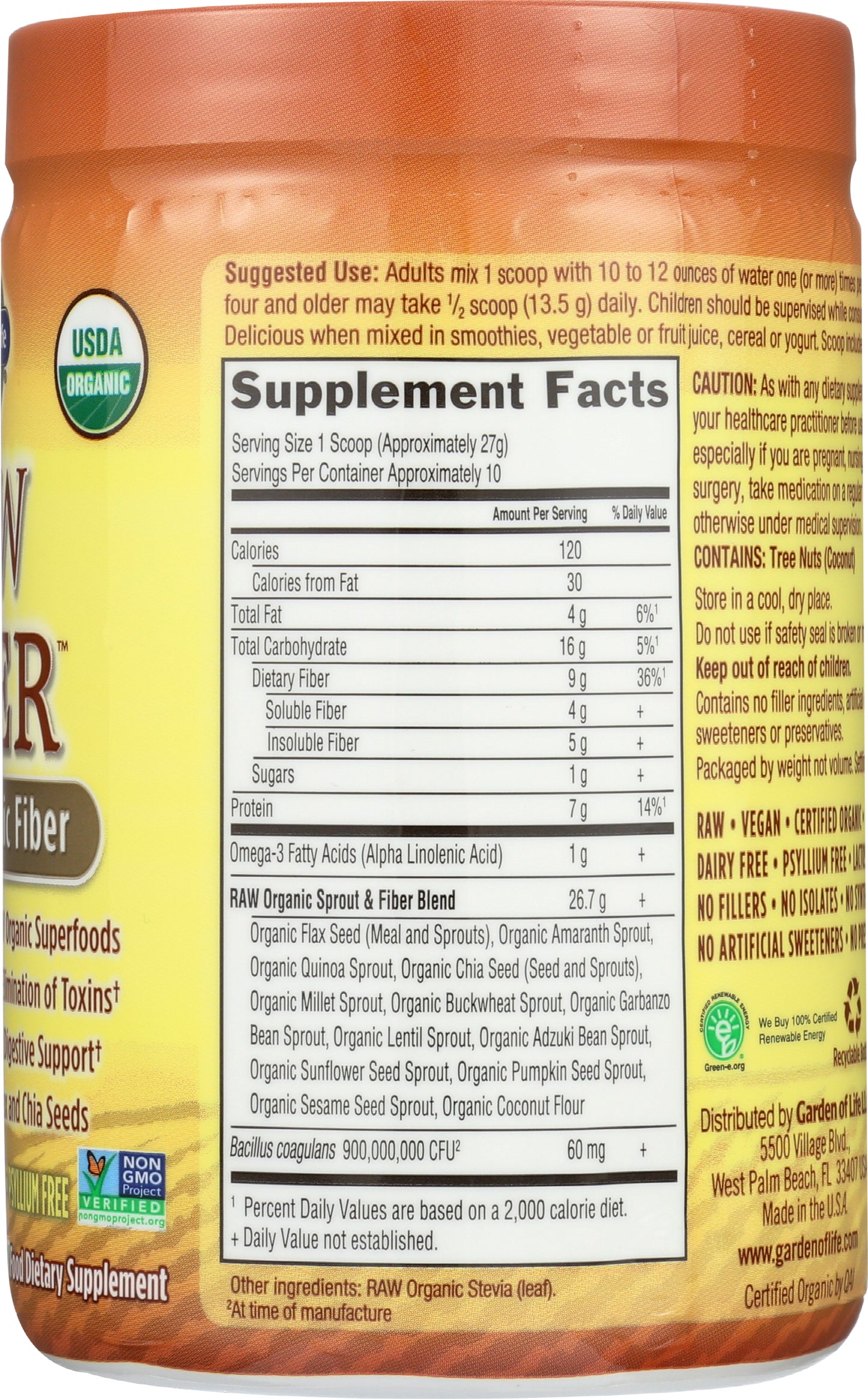 Garden of Life Raw Organic Fiber 9.45 oz. Back