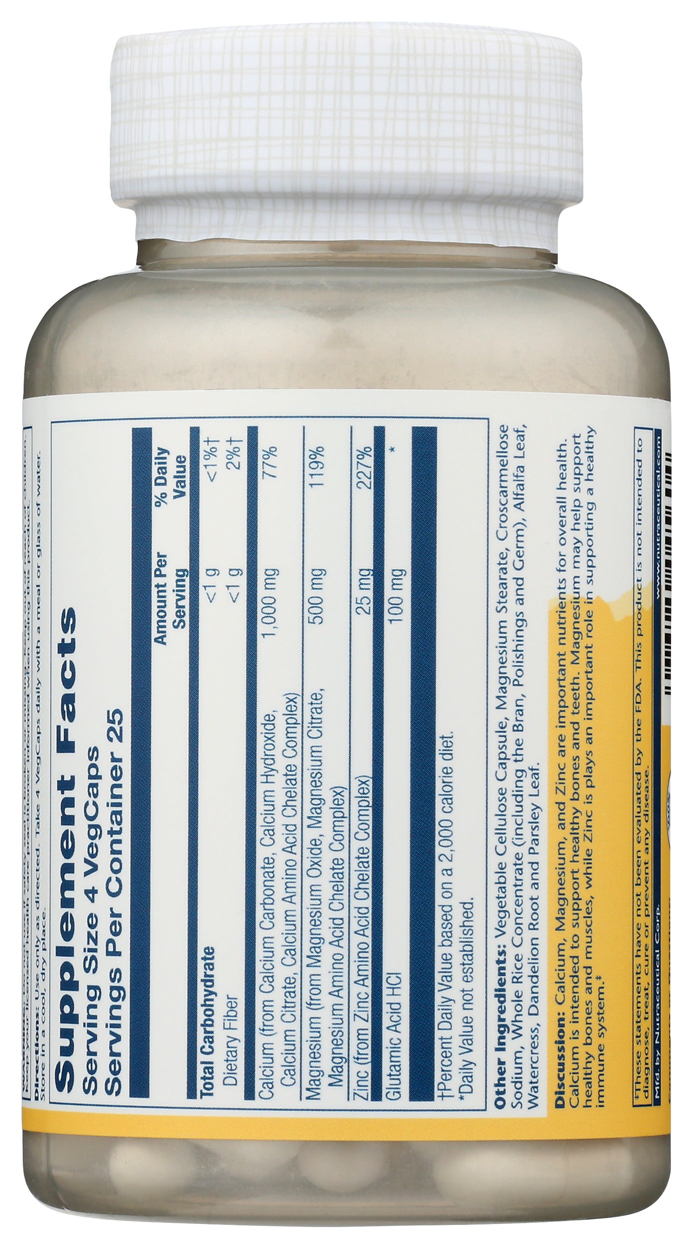 Solaray Calcium Magnesium Zinc 100 VegCaps Back of Bottle