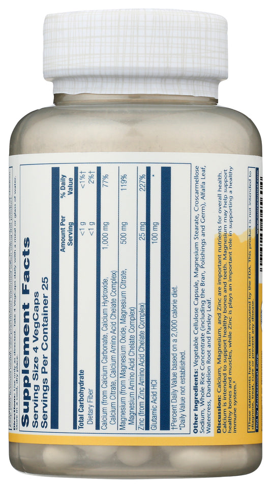 Solaray Calcium Magnesium Zinc 100 VegCaps Back of Bottle
