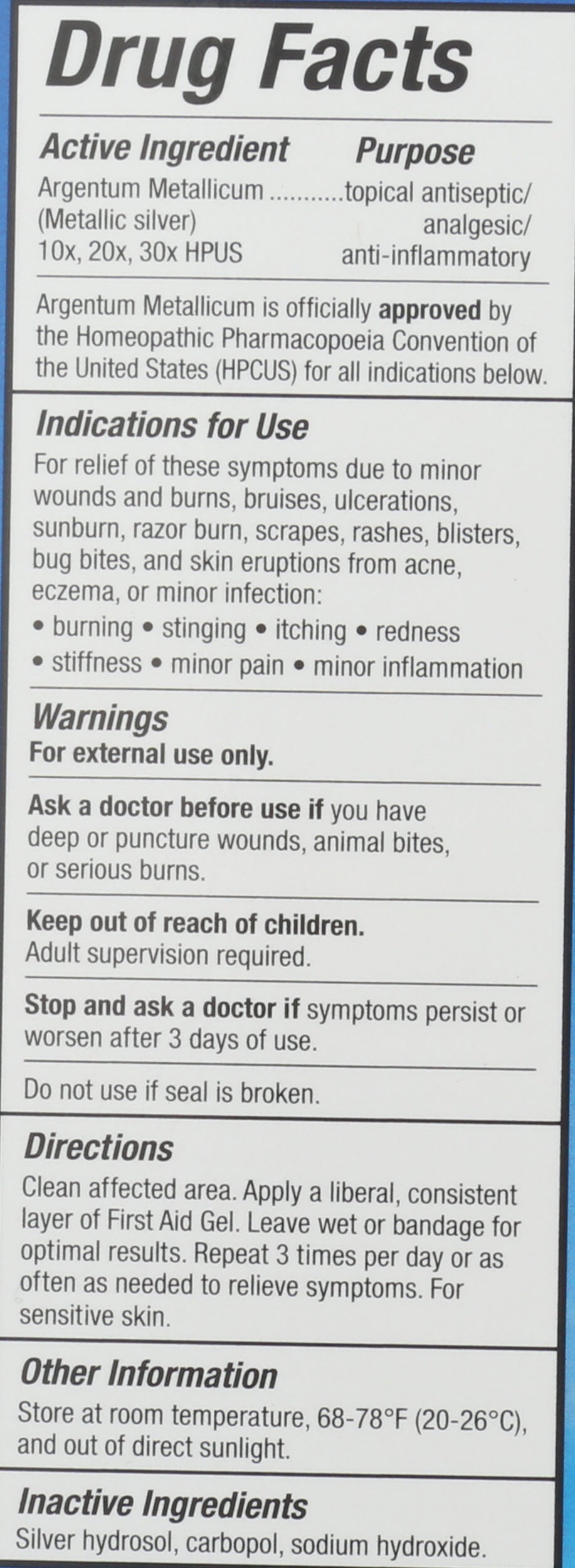 Sovereign Silver First Aid Gel 2 Fl. Oz. Back of Box