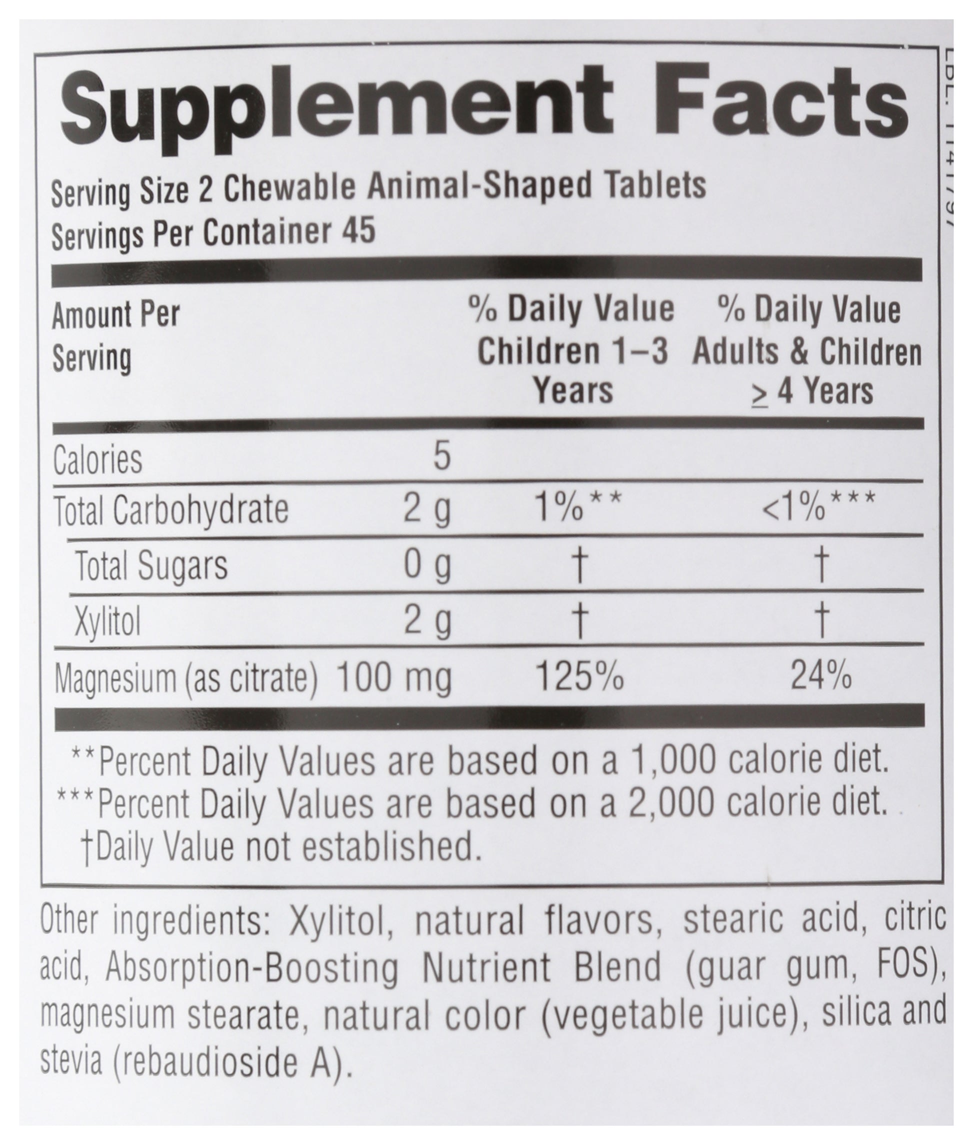 NaturesPlus Source of Life Animal Parade Mag Kidz 90 Animal-Shaped Tablets Back of Bottle