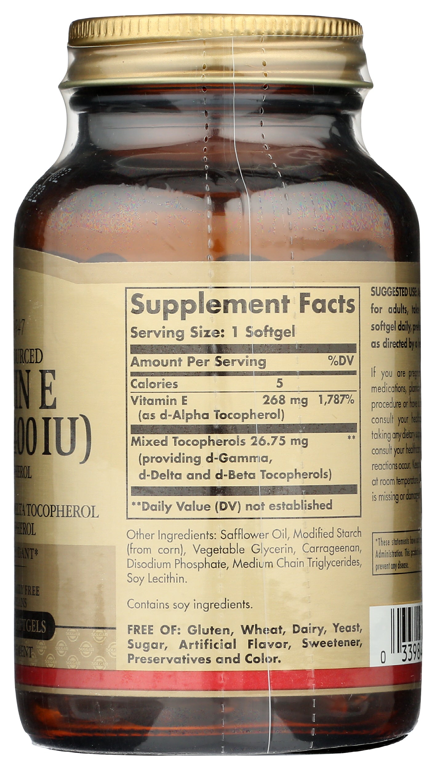 Solgar Vitamin E 268mg 100 Vegan Softgels Back of Bottle