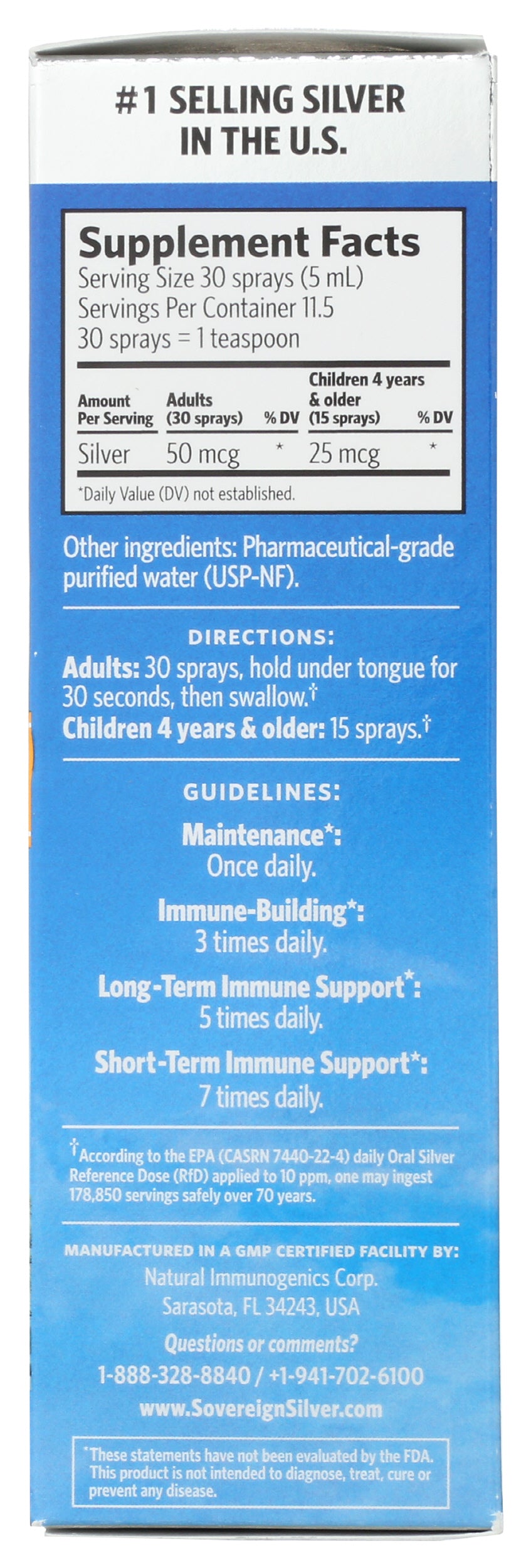 Sovereign Silver Bio-Active Silver Hydrosol Fine Mist Spray 2 Fl. Oz. Back of Box