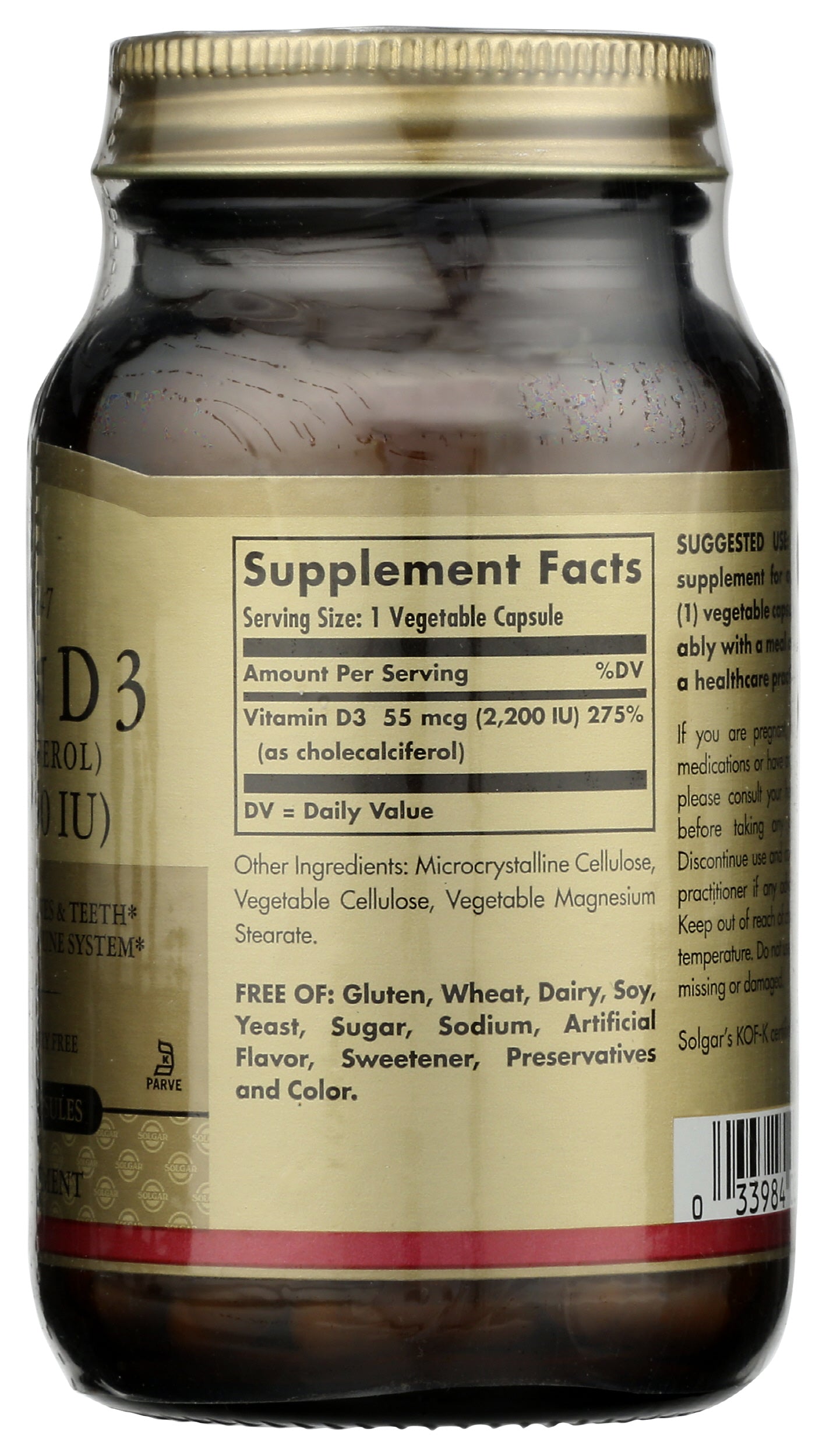 Solgar Vitamin D3 2,200 IU 100 Vegetable Capsules Back of Bottles
