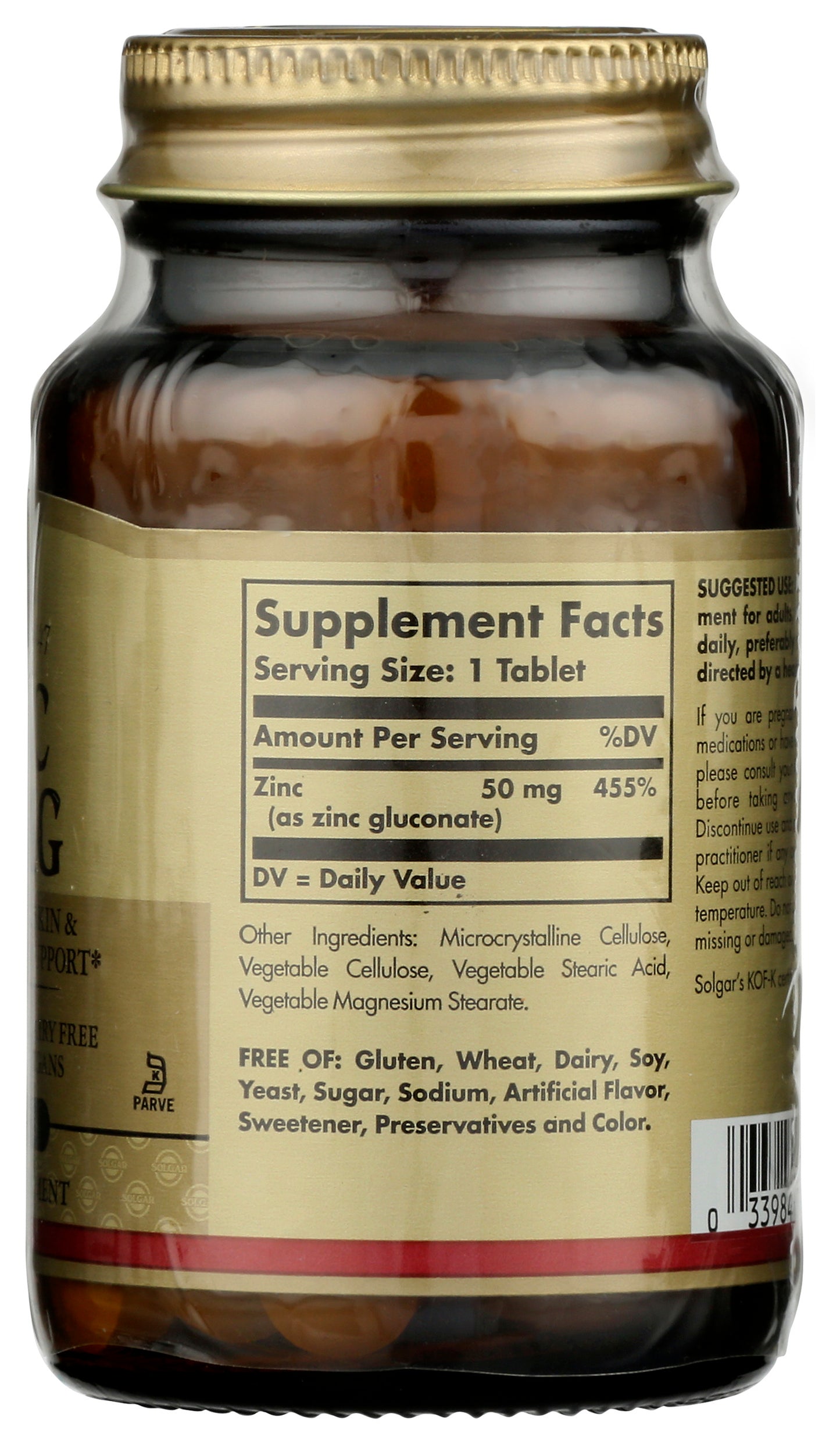 Solgar Zinc 50mg 100 Tablets Back of Bottle