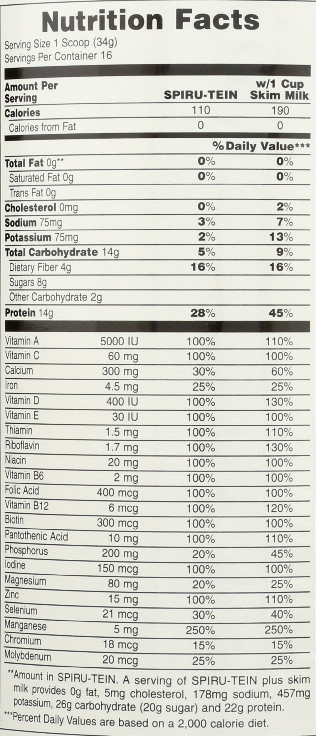 NaturesPlus Spiru-tein Vanilla Protein Powder 480g Back of Can