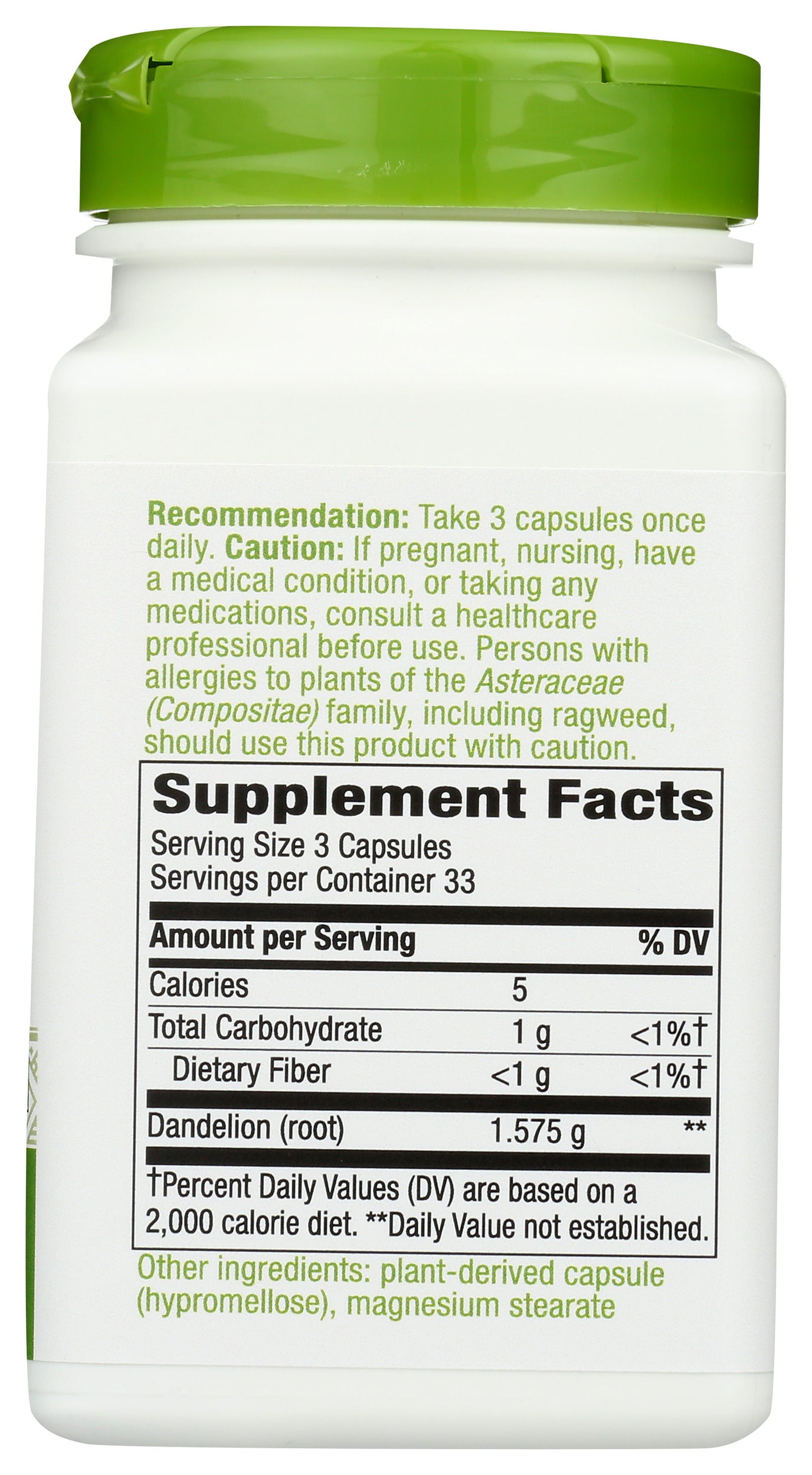 Nature's Way Dandelion Root 1,575 mg 100 Vegan Capsules Back of Bottle
