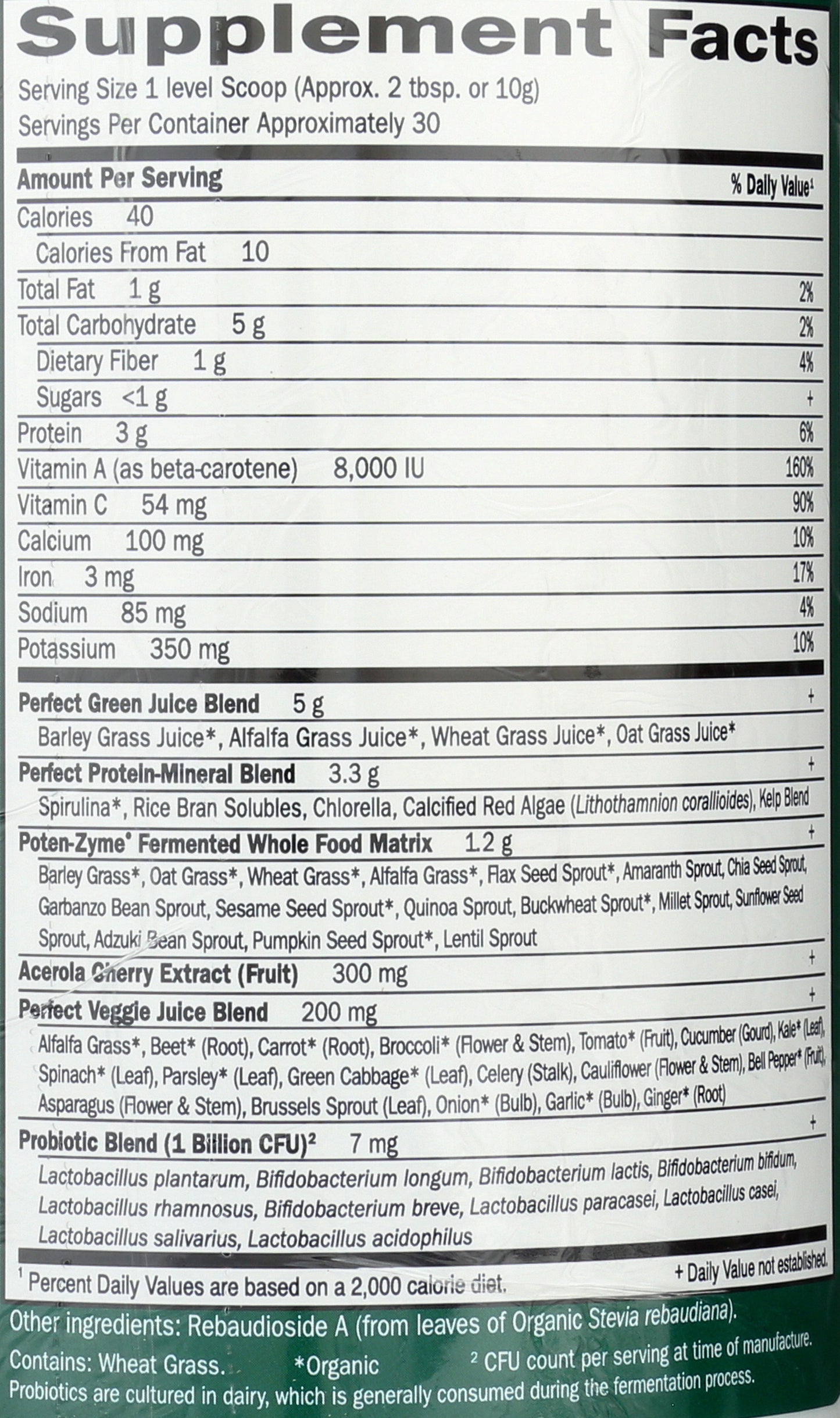 Garden of Life Perfect Food Super Green Formula 300g Back of Bottle