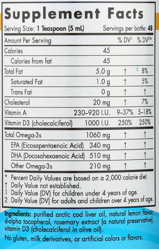 Nordic Naturals Arctic-D Cod Liver Oil 1060 mg + 1000 IU Vitamin D3 8 fl oz Back of Bottle