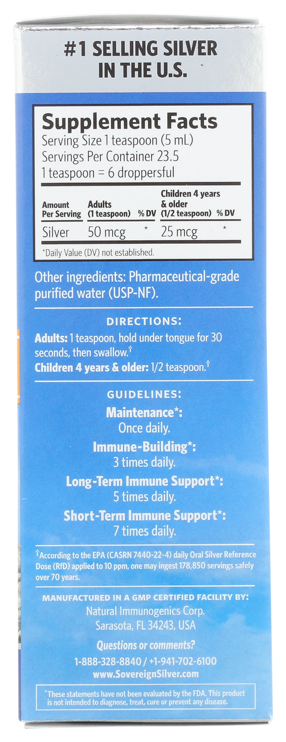 Sovereign Silver Bio-Active Silver Hydrosol Dropper-Top 4 Fl. Oz. Back of Box